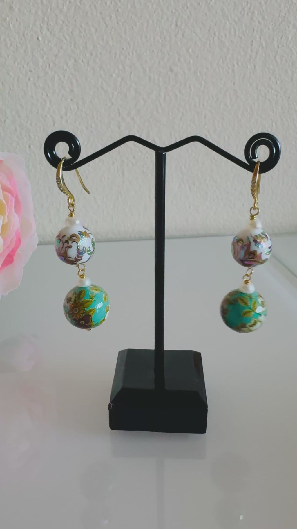 Japanese tensha beads and freshwater pearl earrings with Sterling Silver gold plated hooks