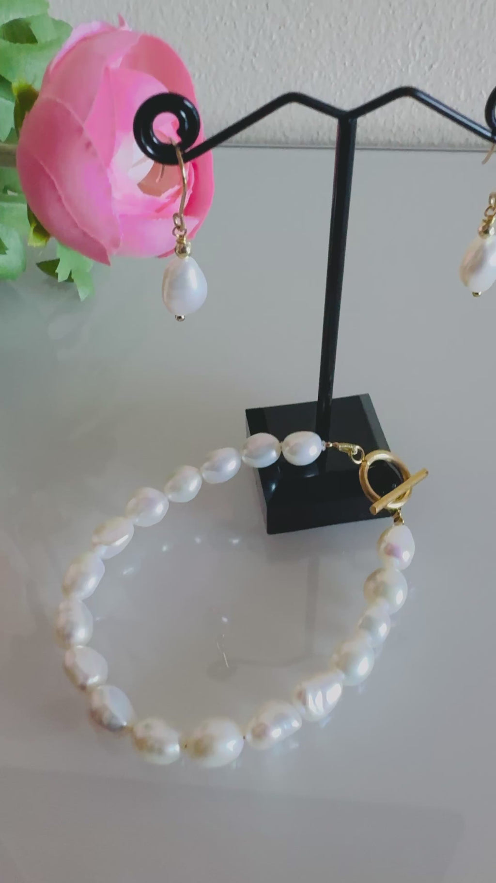 Freshwater baroque pearl bracelet and a pair of matching earrings with surgical stainless gold settings