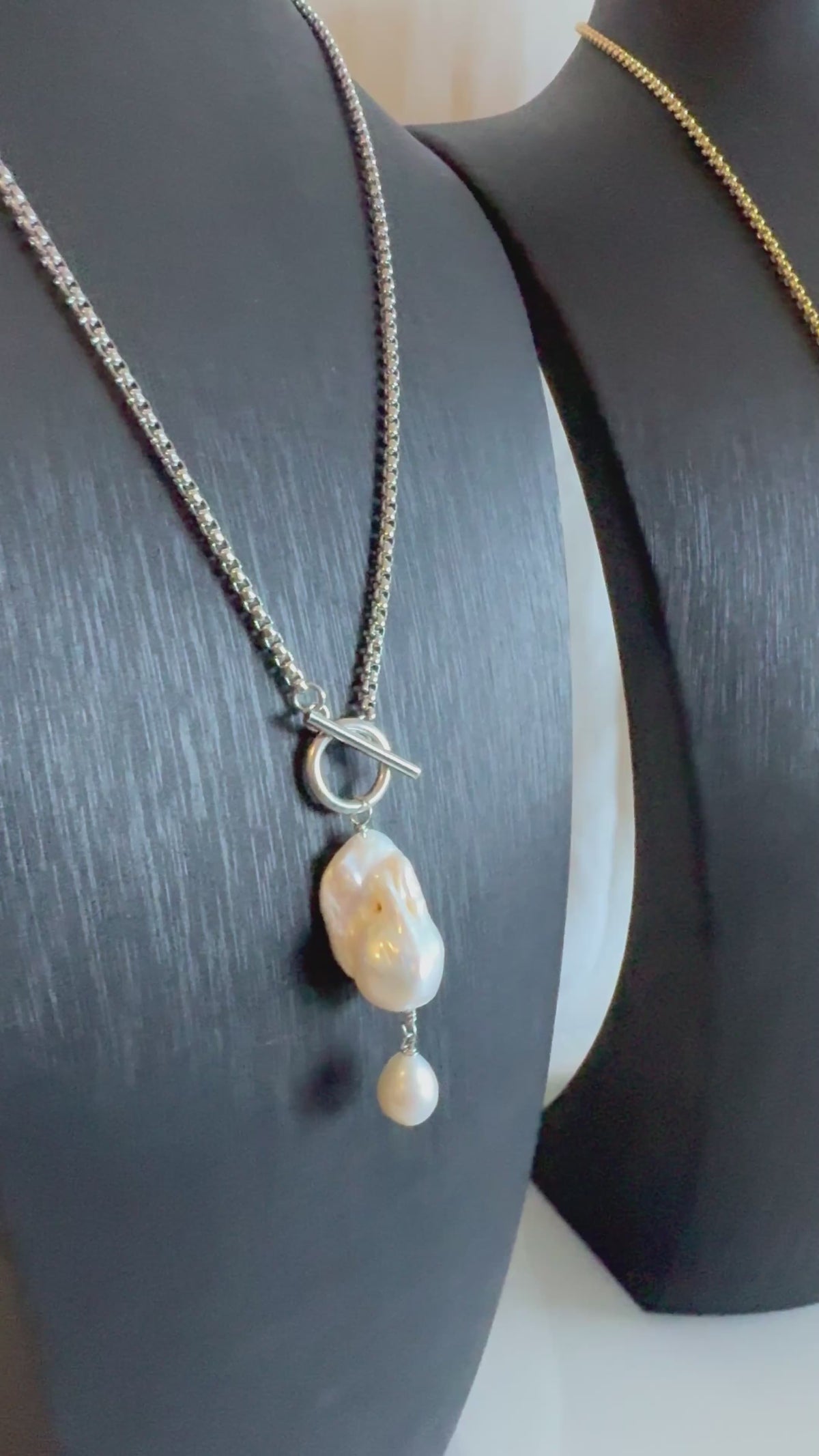 Handmade Baroque Pearl Toggle Necklace, Surgical Stainless Steel Chain, Minimalist Jewelry