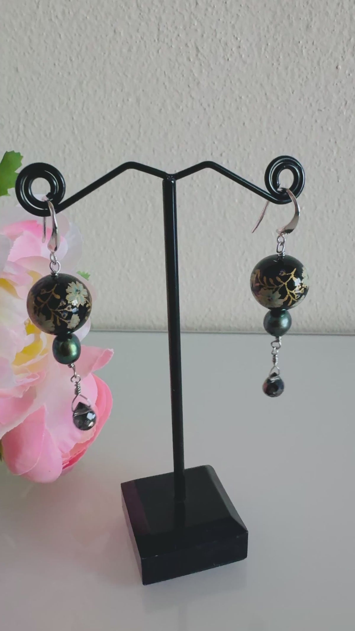 Japanese Tensha Bead Earrings, Sterling Silver Freshwater Black Pearl Dangle Earrings, Crystal Glass, Handmade Floral Drop Jewellery