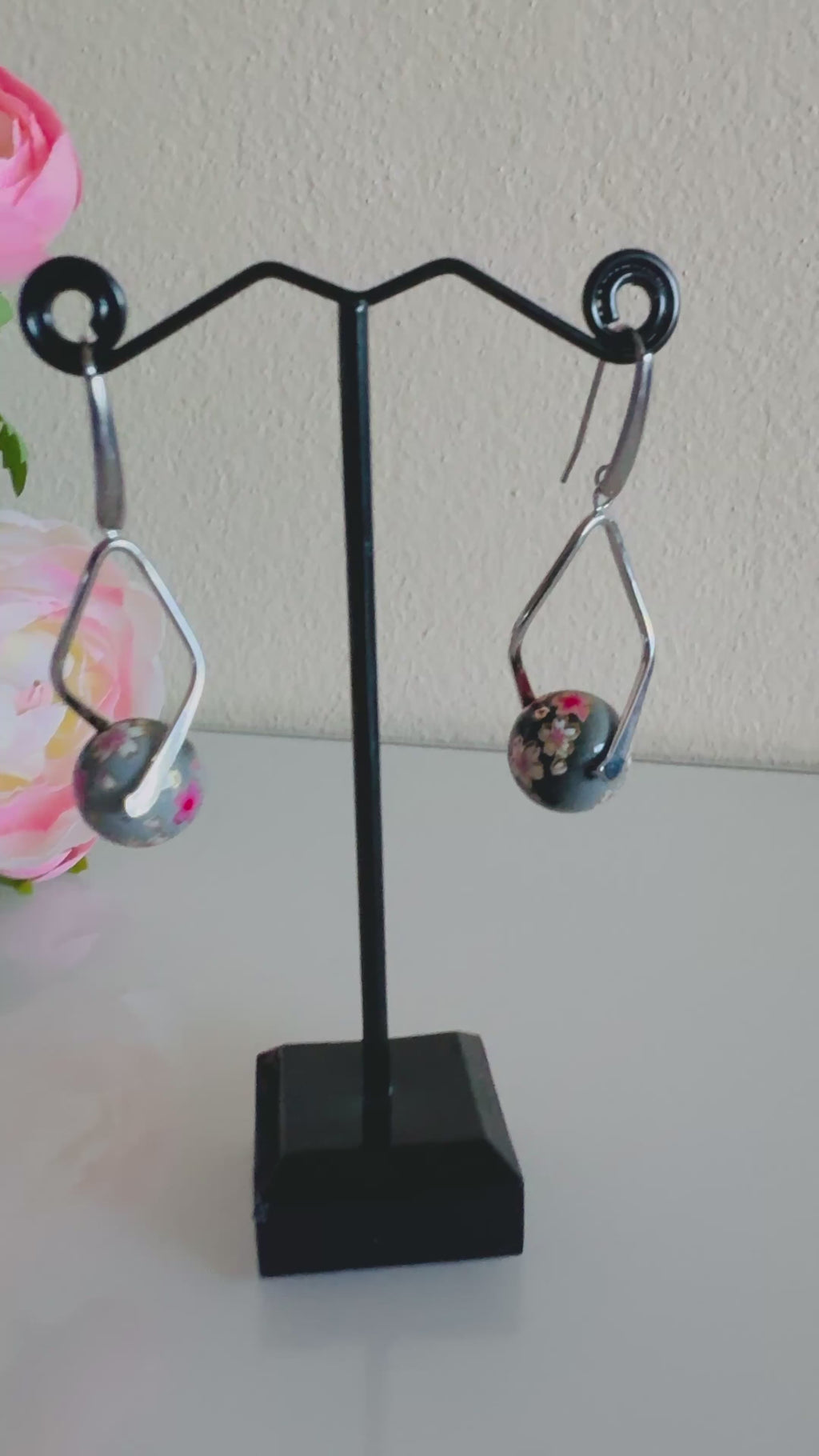Japanese Tensha Beads Earrings - Black Sakura Floral | Stainless Steel Hooks