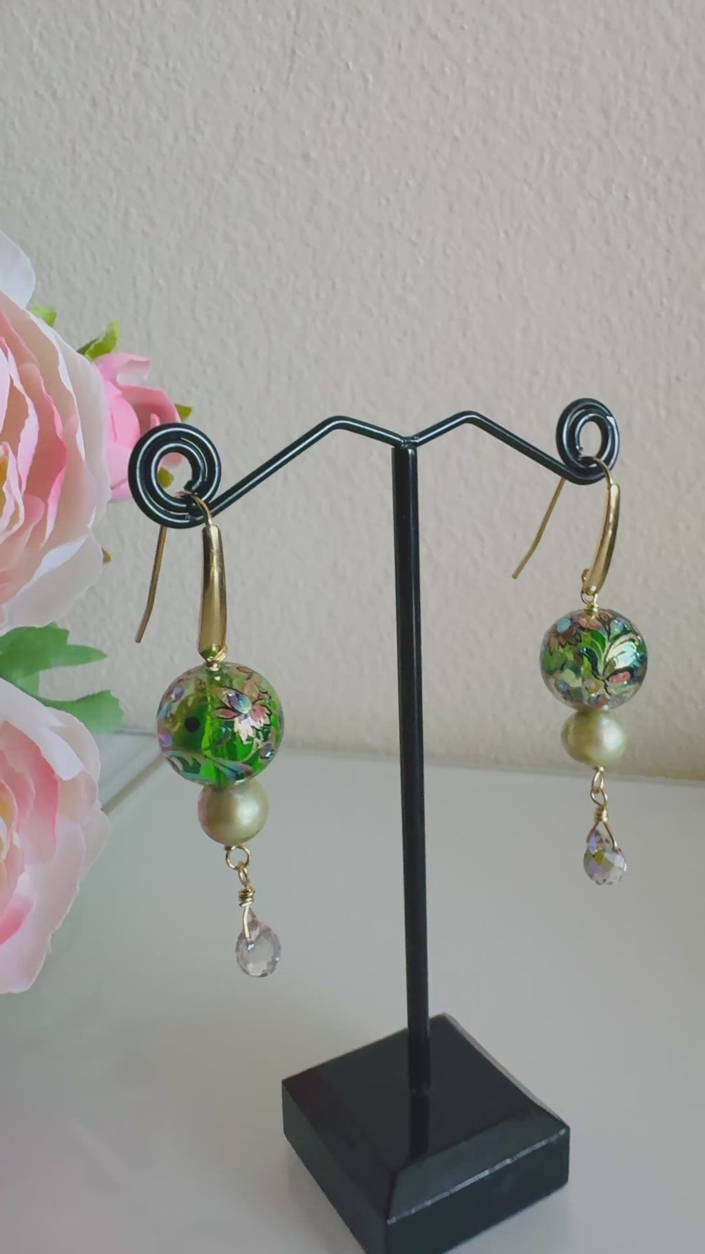 Japanese Tensha Beads Green Freshwater Pearl Round and Crystal Drop Earrings with Surgical Golden Stainless Hooks, Tarnish Free