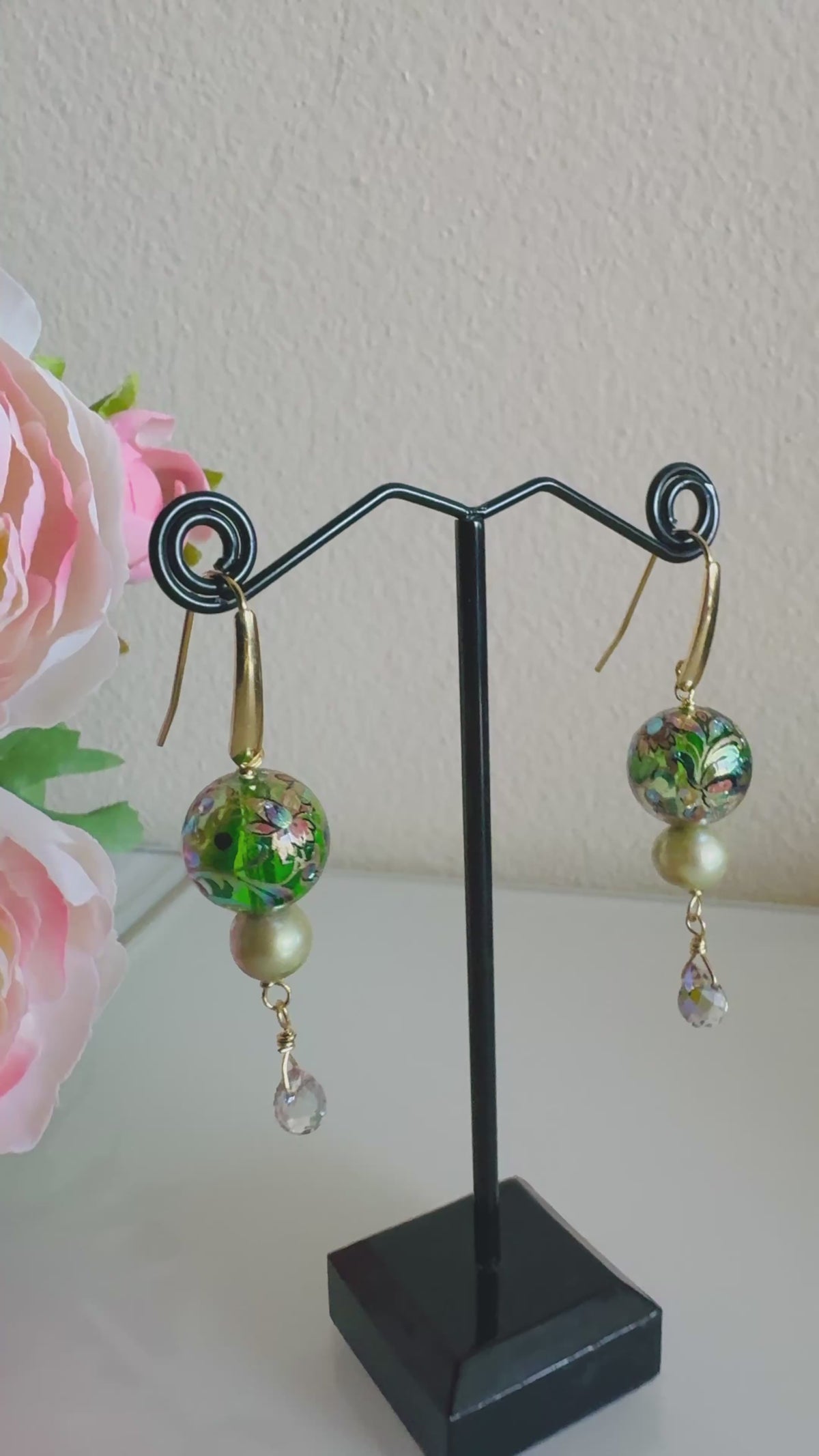 Japanese Tensha Beads Green Freshwater Pearl Round and Crystal Drop Earrings with Surgical Golden Stainless Hooks, Tarnish Free