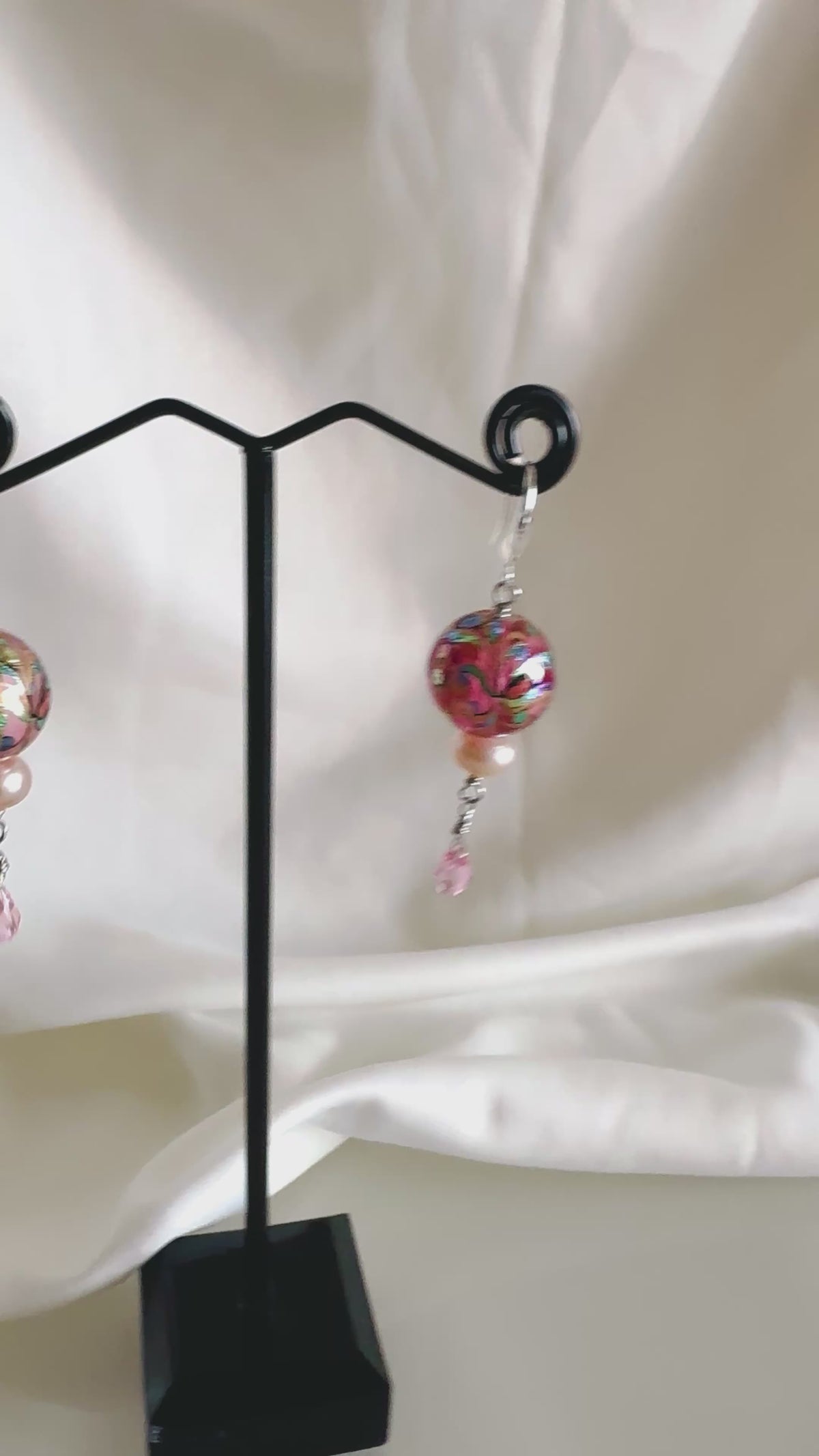 Japanese Tensha Floral Earrings, Pink Pearl Swarovski Crystal Drop, Sterling Silver Hooks