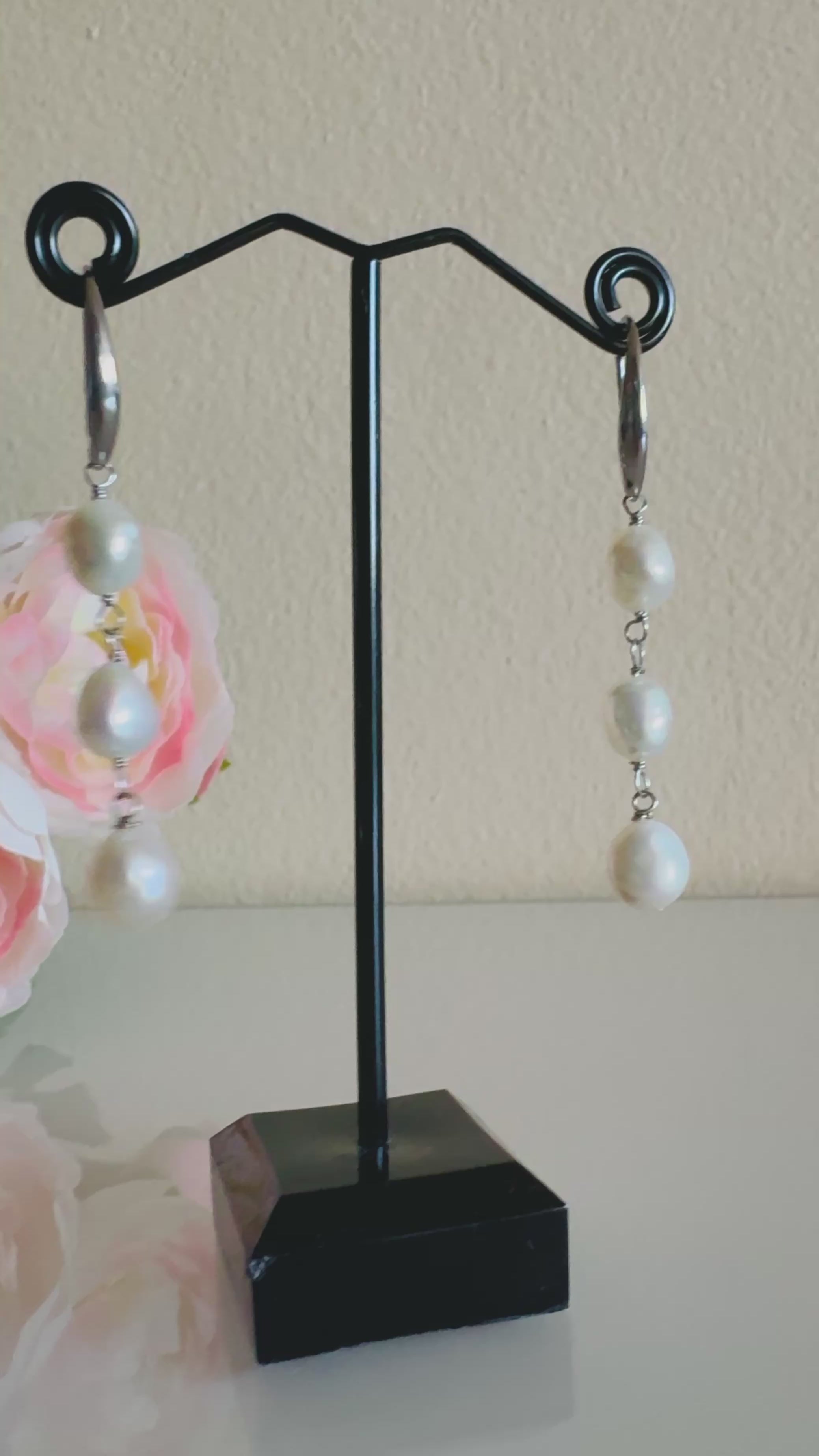 Freshwater Off Round White Pearl Trilogy Earrings with Surgical Stainless Settings, Tarnish Fee, Waterproof, Handmade Australia, Gift for Her