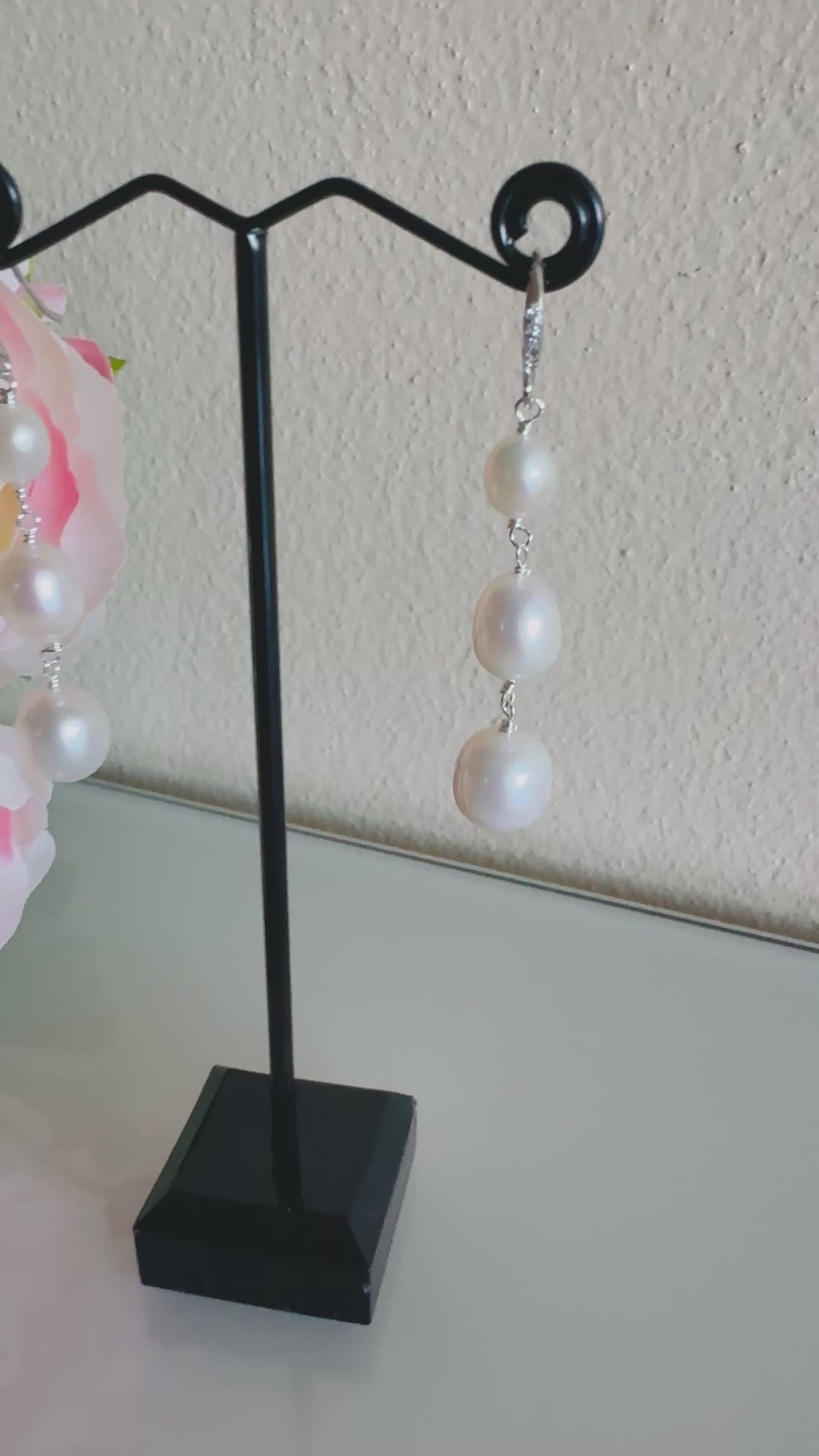 Sterling silver freshwater pearl trilogy earrings with cubic zirconia melees