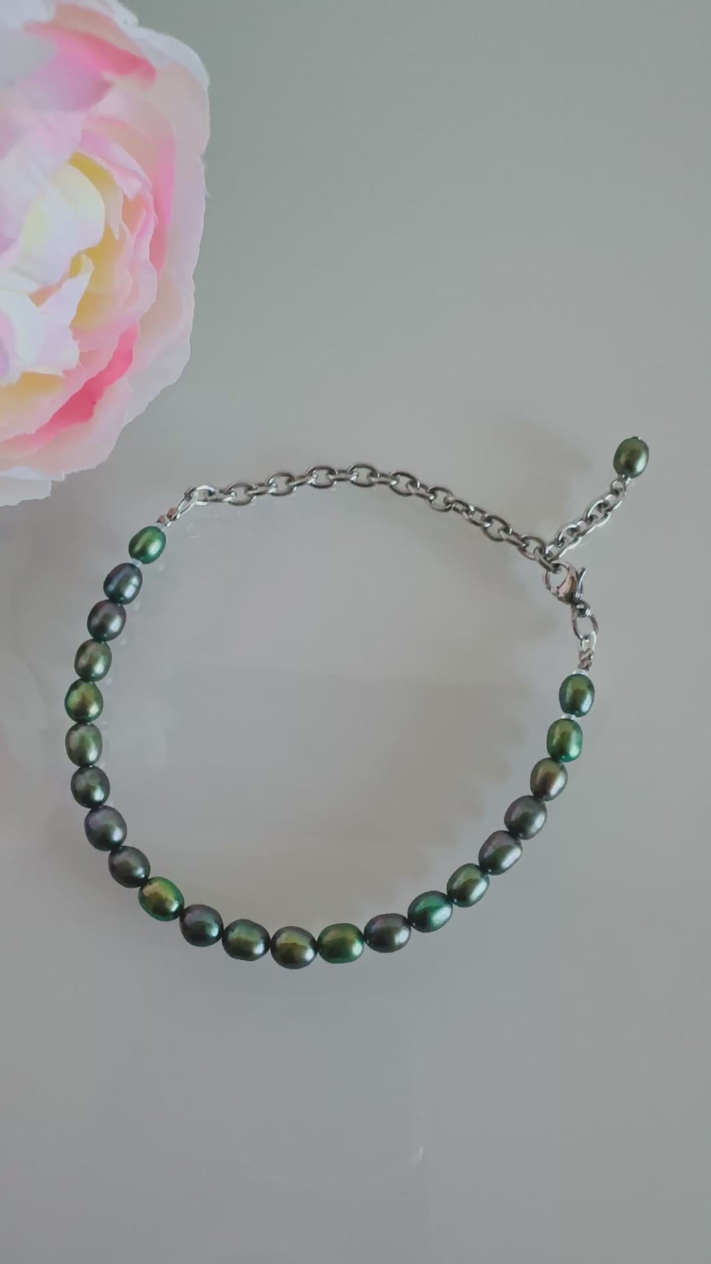 Freshwater oval shape black pearl bracelet with surgical stainless chain &clasps