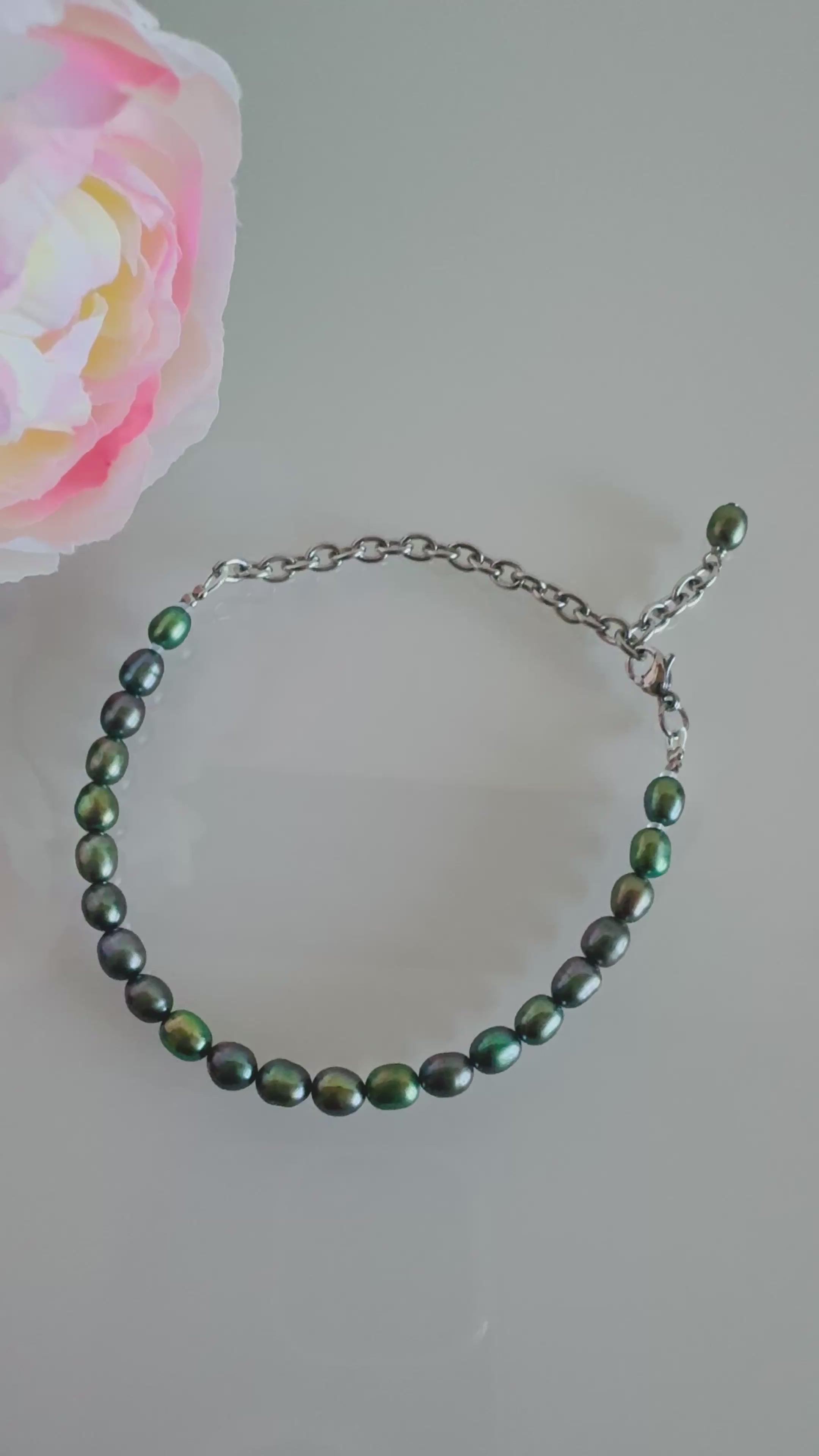 Freshwater oval shape black pearl bracelet with surgical stainless chain &clasps