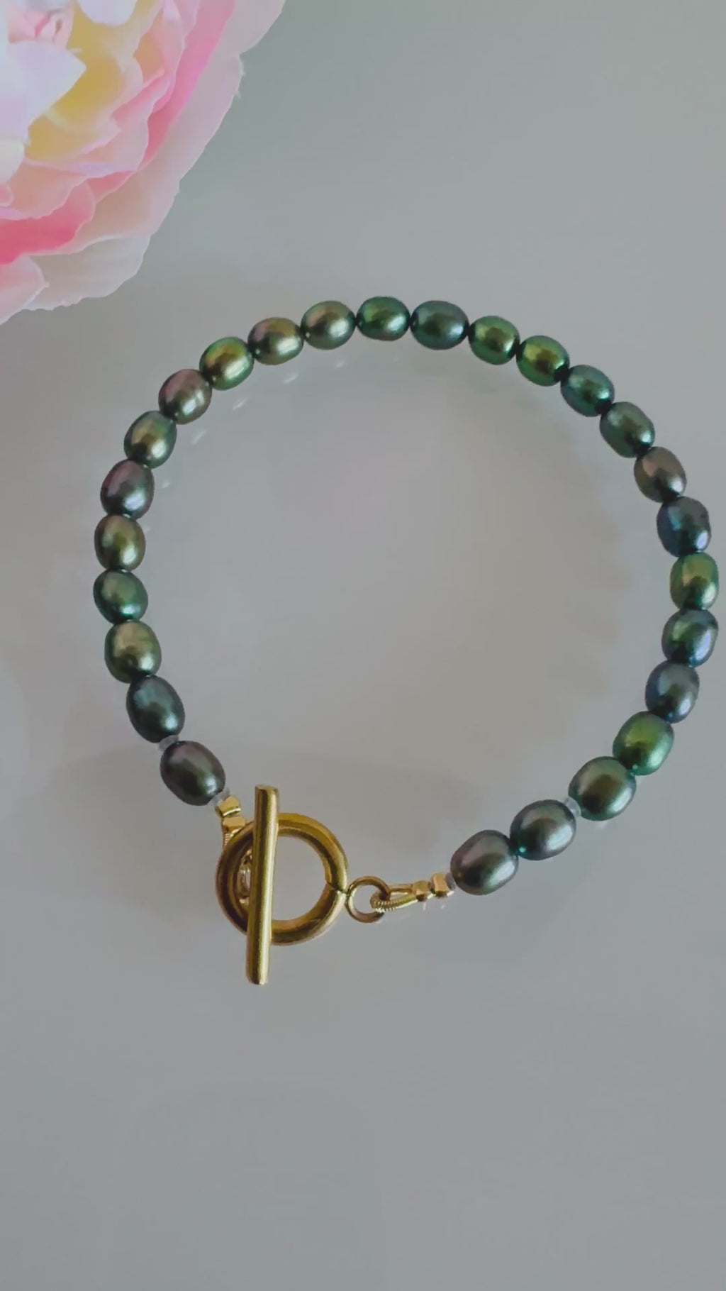 Freshwater oval shape black pearl bracelet with surgical stainless gold clasps