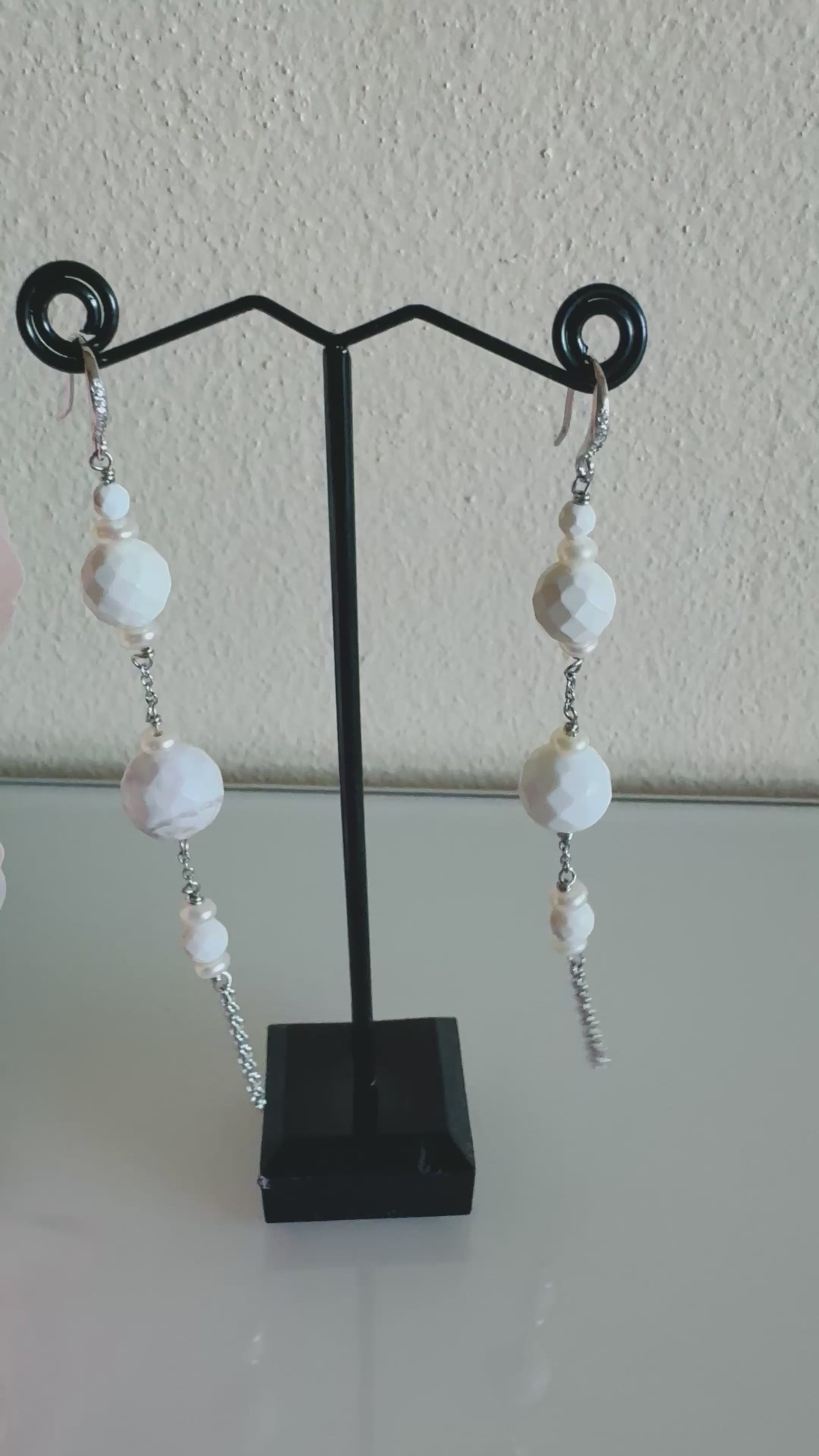 Howlite stone and freshwater pearl earring with sterling silver hooks and stainless chains
