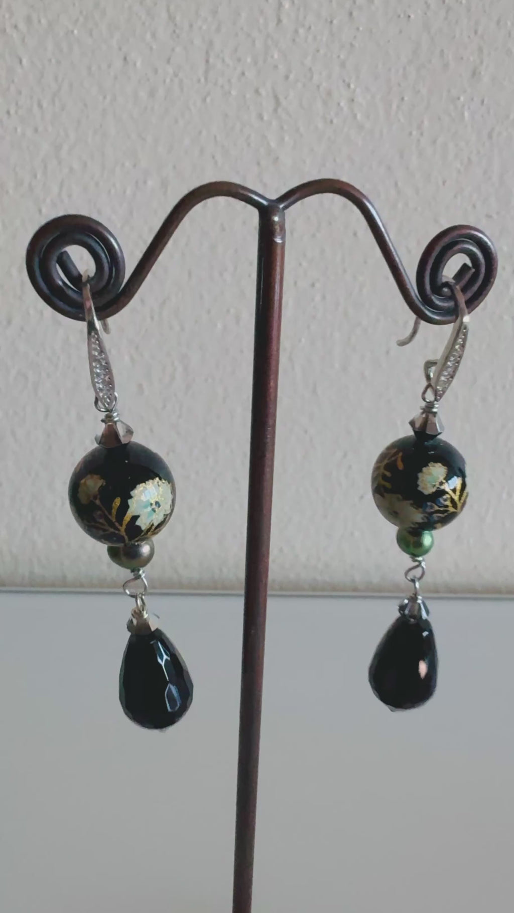 Japanese Tensha Bead & Onyx Earrings, Sterling Silver Freshwater Black Pearl Dangle Earrings, Swarovski Crystal, Handmade Australia