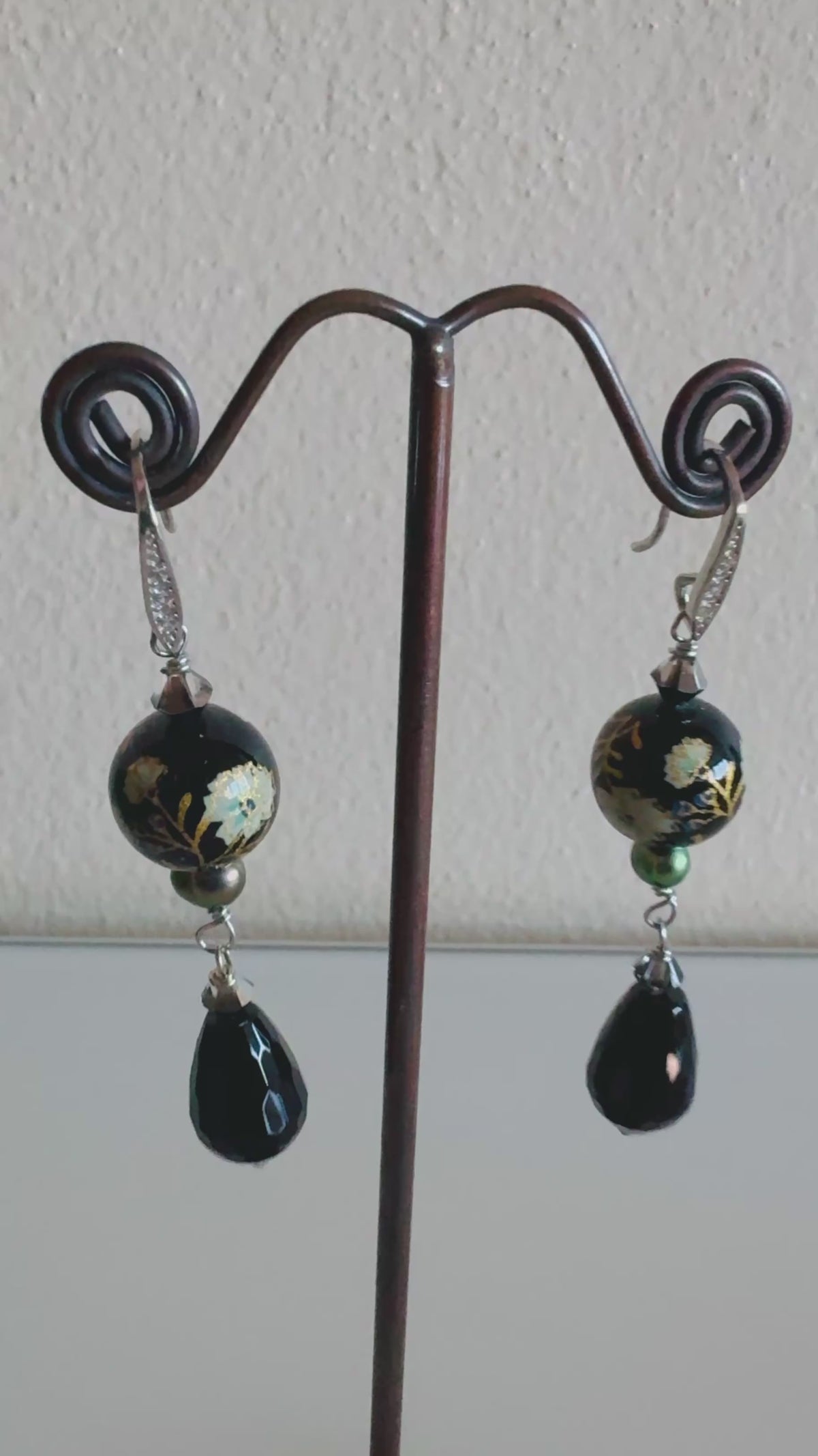 Japanese Tensha Bead & Onyx Earrings, Sterling Silver Freshwater Black Pearl Dangle Earrings, Swarovski Crystal, Handmade Australia