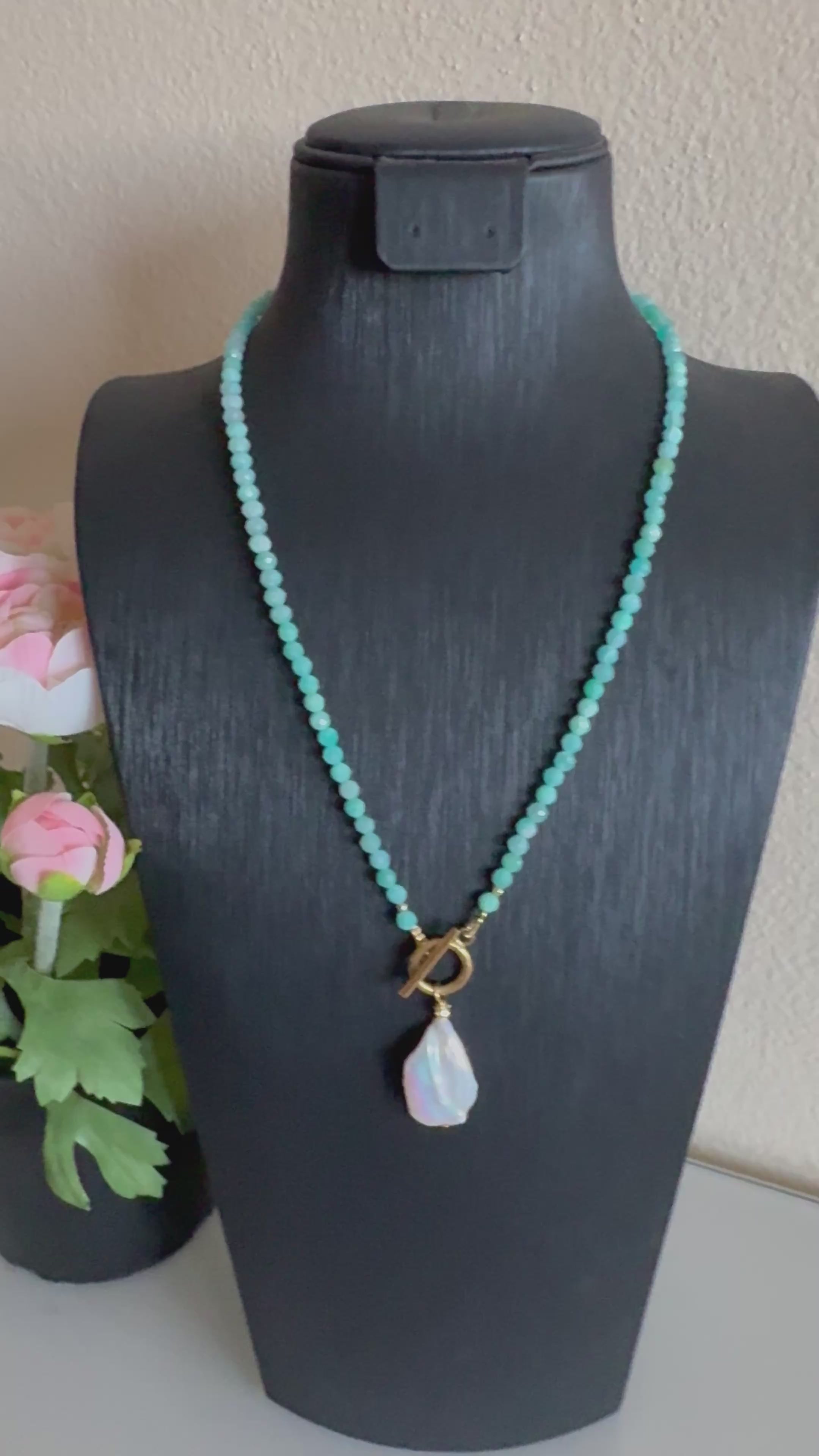 Amazonite and freshwater pearl necklace with stainless gold clasps