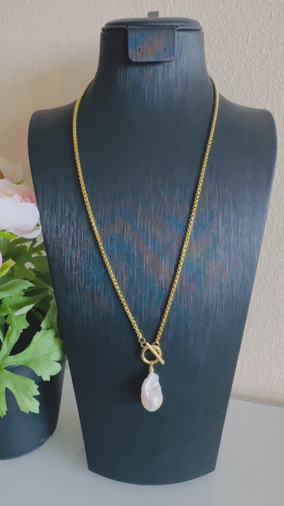 Handmade Freshwater Pearl Dangle Necklace, Gold Surgical Stainless Steel Chain & Toggle, Tarnish Free Waterproof Jewellery, Minimalist