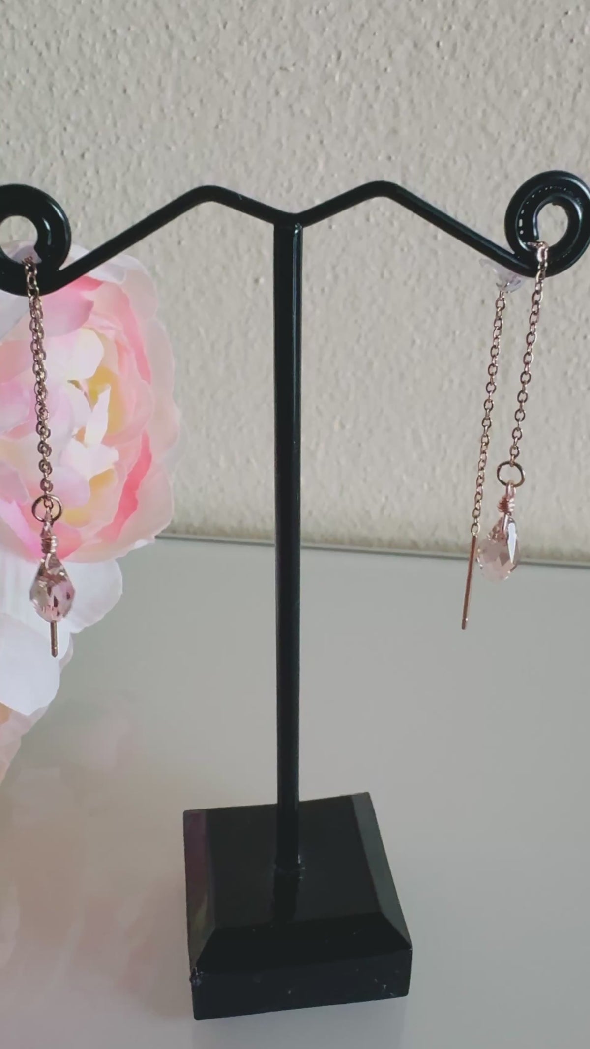 Swarovski Crystal Drop Earrings, Surgical Stainless Rose Gold Dangle Chain Earrings, Handmade Australian Jewellery, Rosegold pink Colour