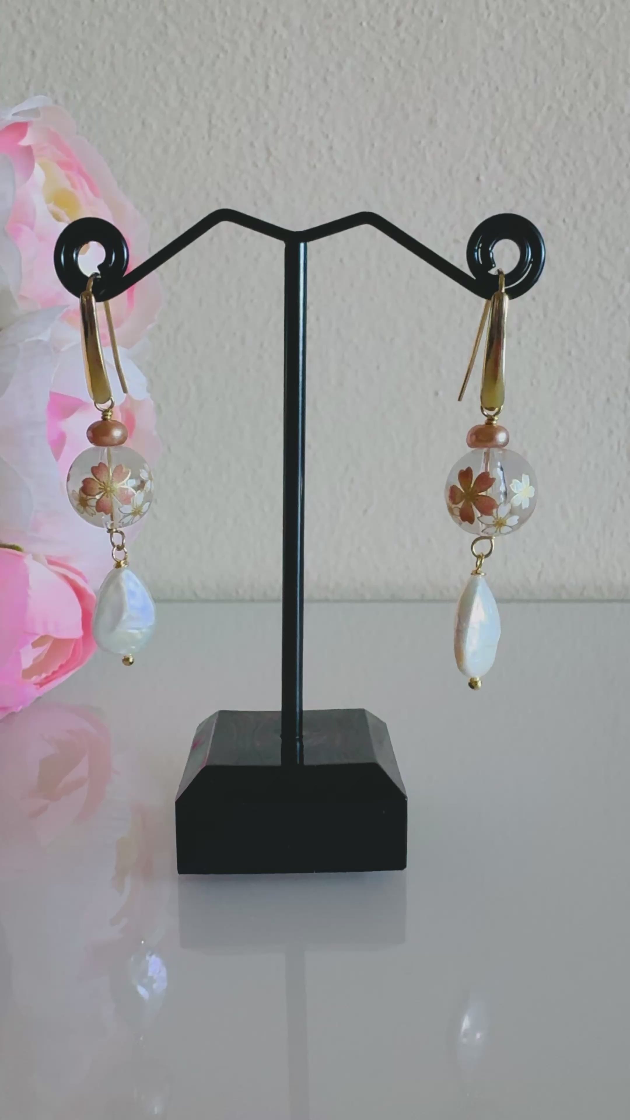 Japanese Tensha Beads Freshwater White Drop and Golden Pearls with Surgical Stainless Gold Hook Earrings