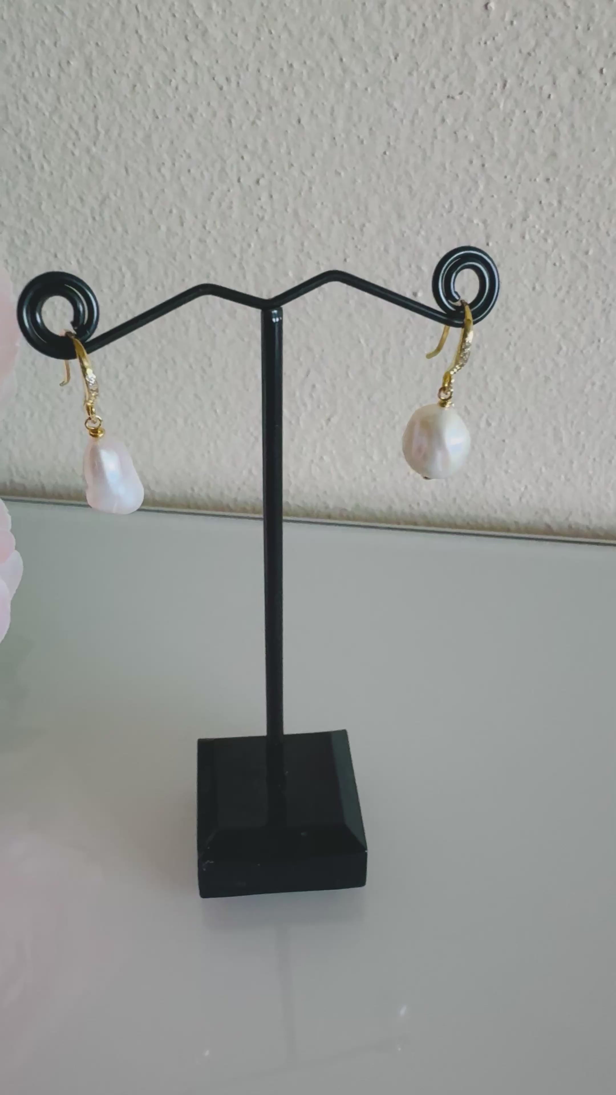 Sterling silver gold plated freshwater baroque pearl earrings with cubic zirconia melees