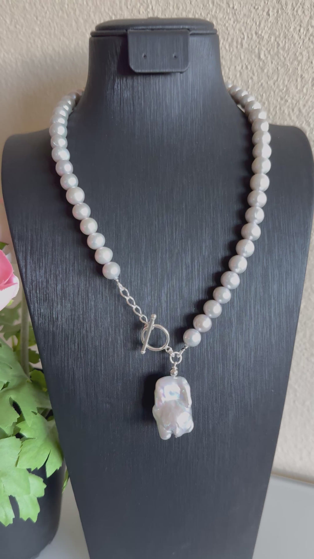 Sterling silver freshwater grey colour pearl necklace