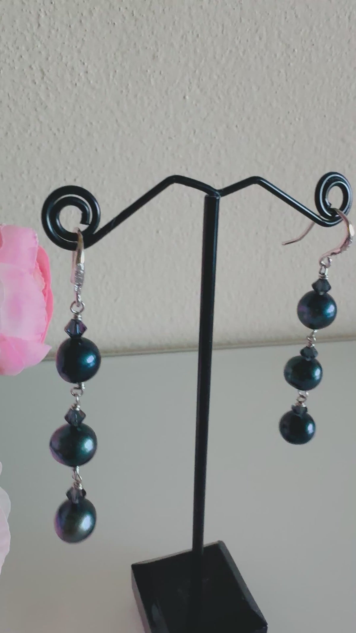 Black Freshwater Off Round Pearl Drop Trilogy Earrings With 925 Silver Hooks, Swarovski Crystals, Dangle Earrings, Anniversary Gift,