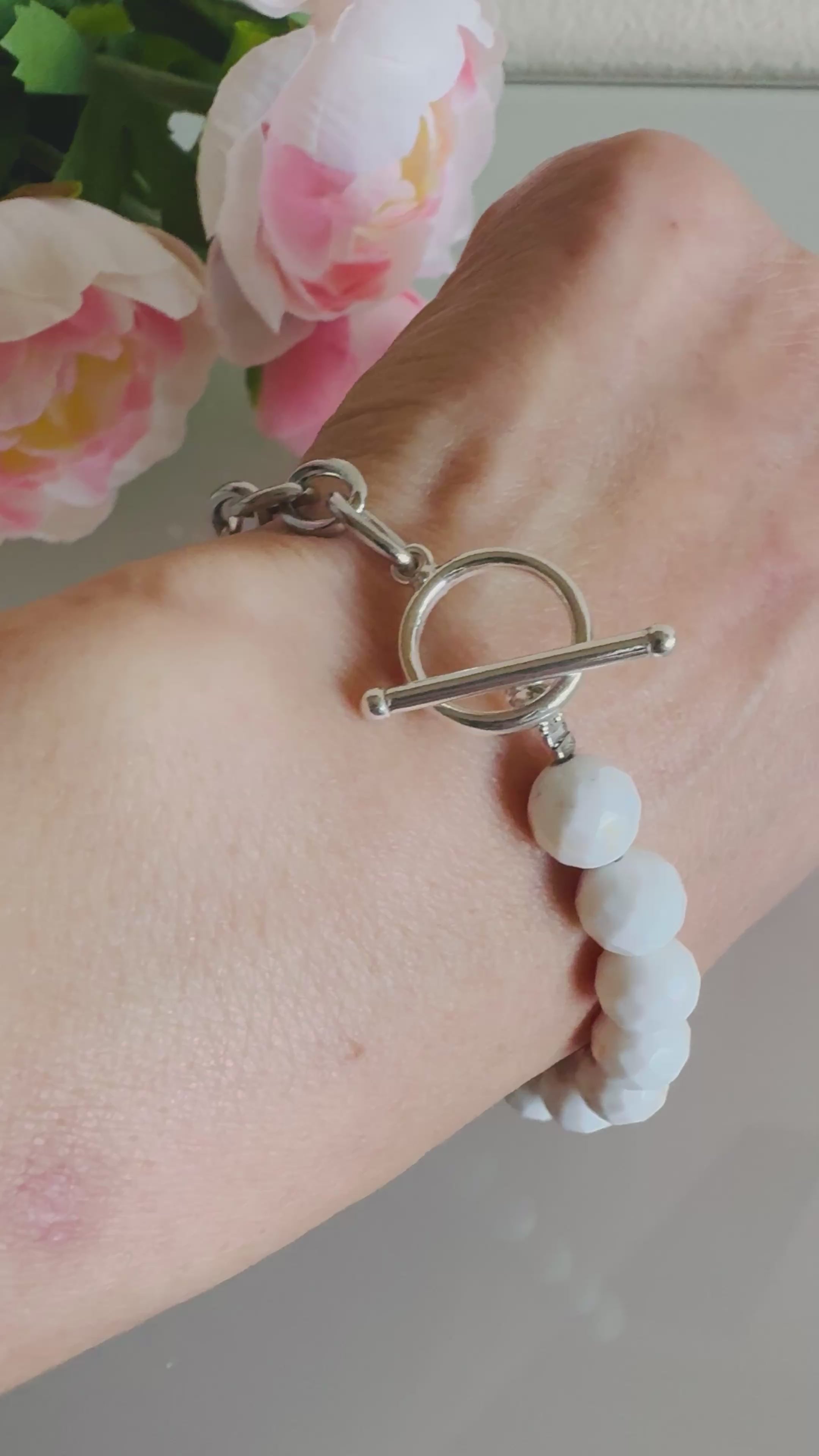 Howlite bracelet with starling silver clasps and stainless steel chain bracelet