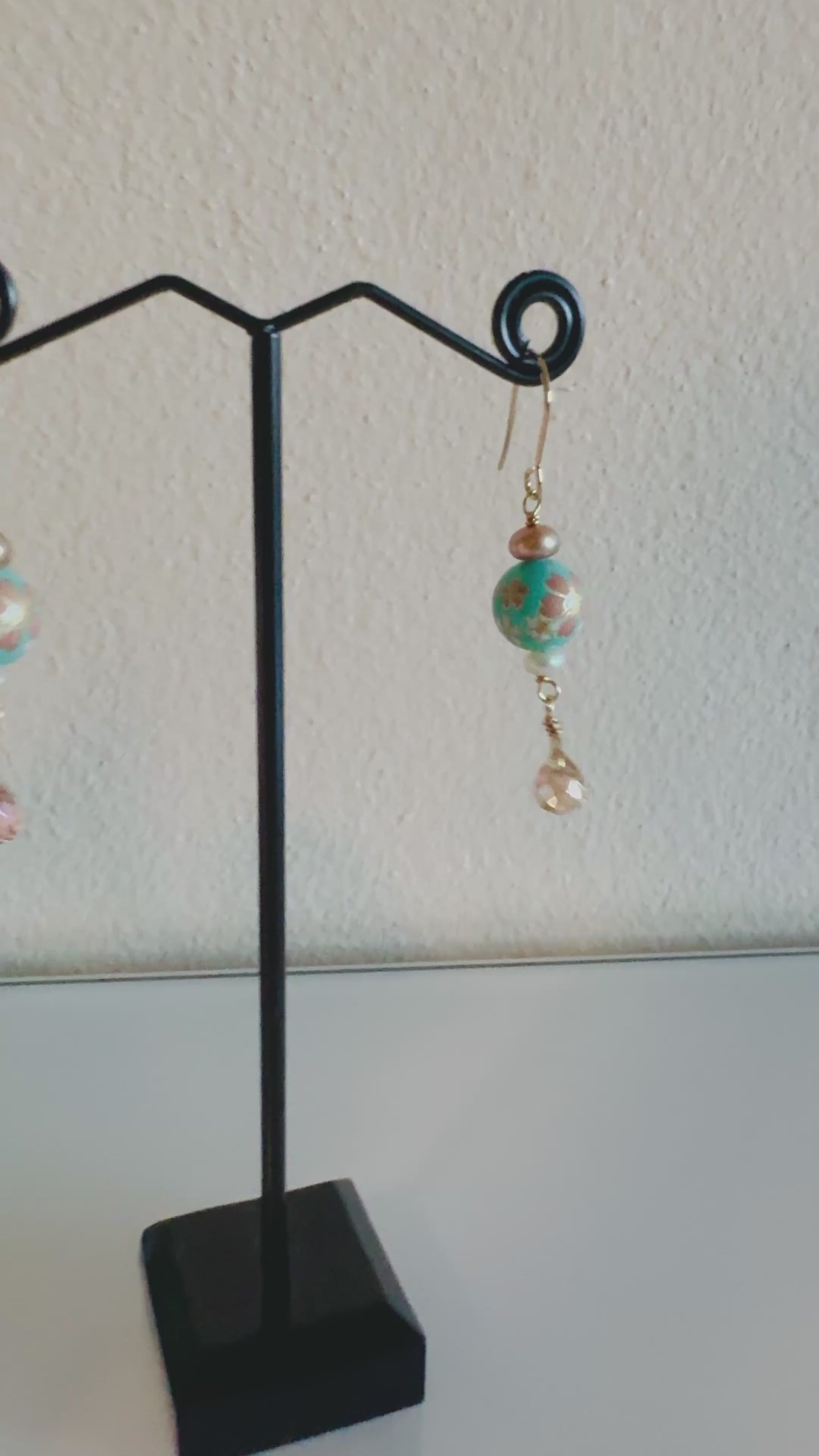 Japanese tensha beads and freshwater pearls earrings with surgical stainless gold hooks (Tarnish free)
