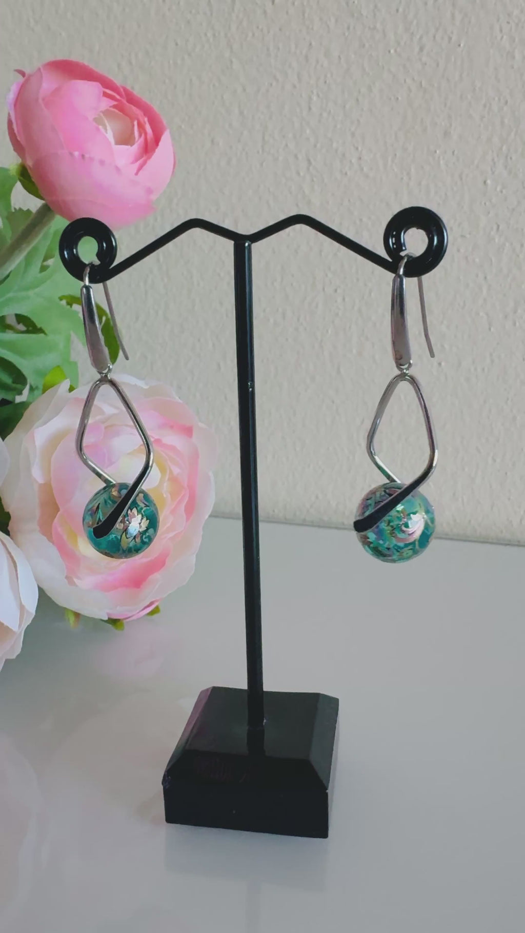 Japanese Tensha Beads Earrings - Aqua Floral Wave | Stainless Steel Hooks