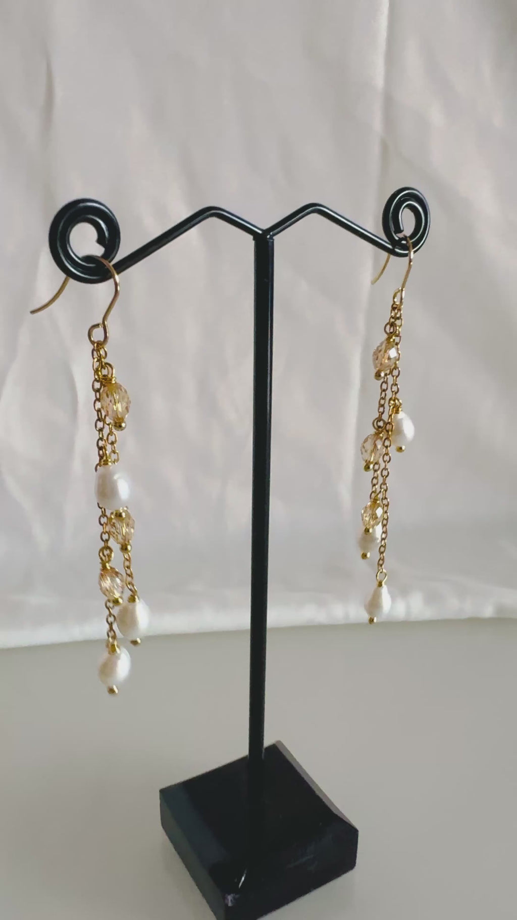 Teardrop Freshwater Pearl & Swarovski Crystal Earrings – Surgical Stainless Gold, Long Drop