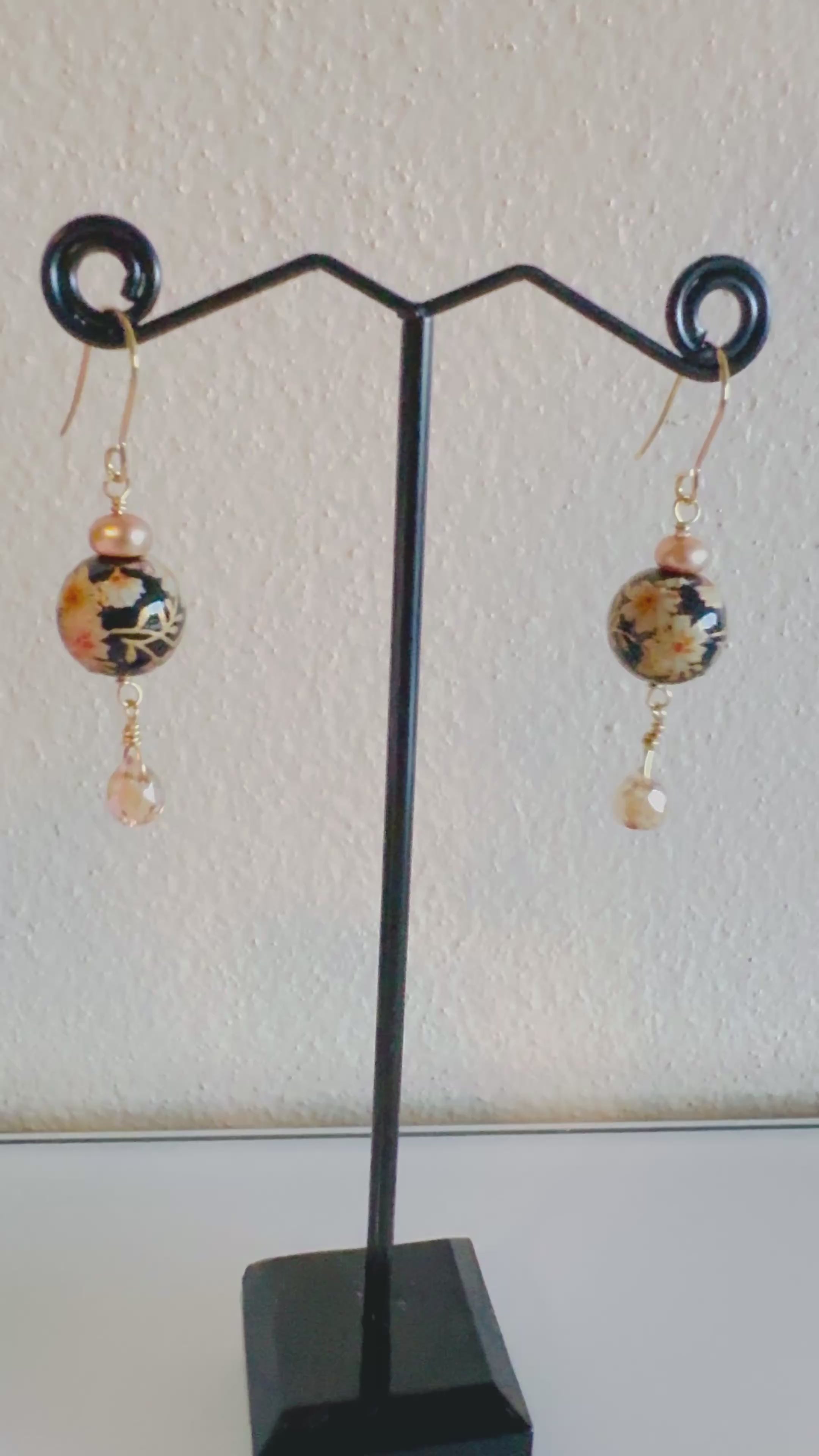 Japanese tensha beads and freshwater pearl earrings with surgical stainless gold hooks (Tarnish free)