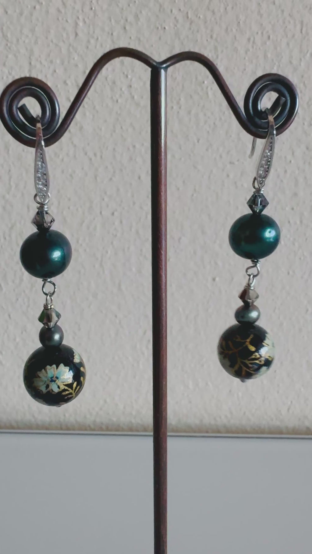 Japanese Tensha Bead Earrings, Sterling Silver Freshwater Black Pearl Dangle Earrings, Swarovski Crystal, Handmade Floral Drop Jewellery