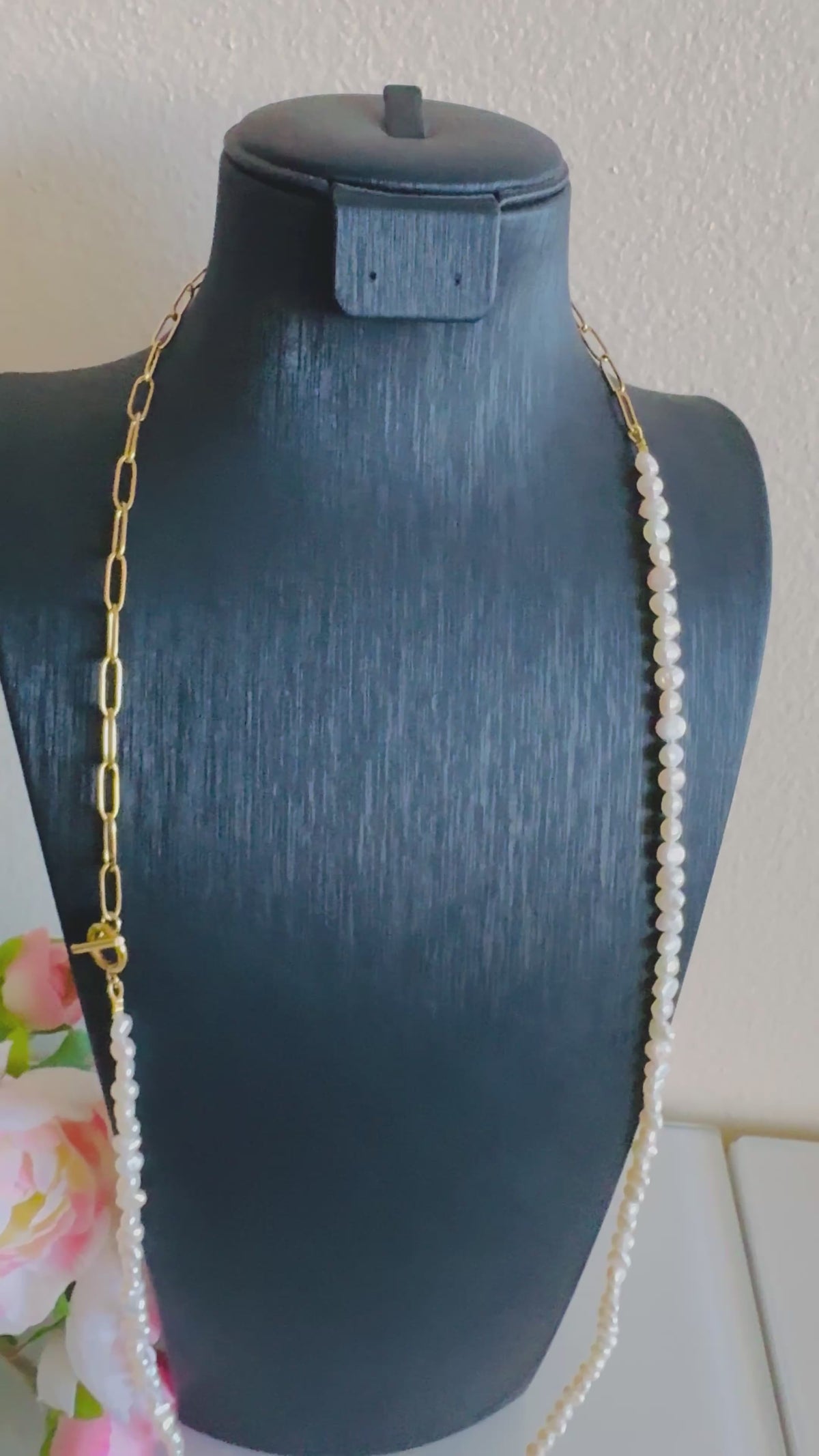 Long Freshwater Pearl Necklace With Surgical Stainless Steel Gold Chain Necklace, 3 Ways wearable Necklace, Handmade Australia, Gift for Her