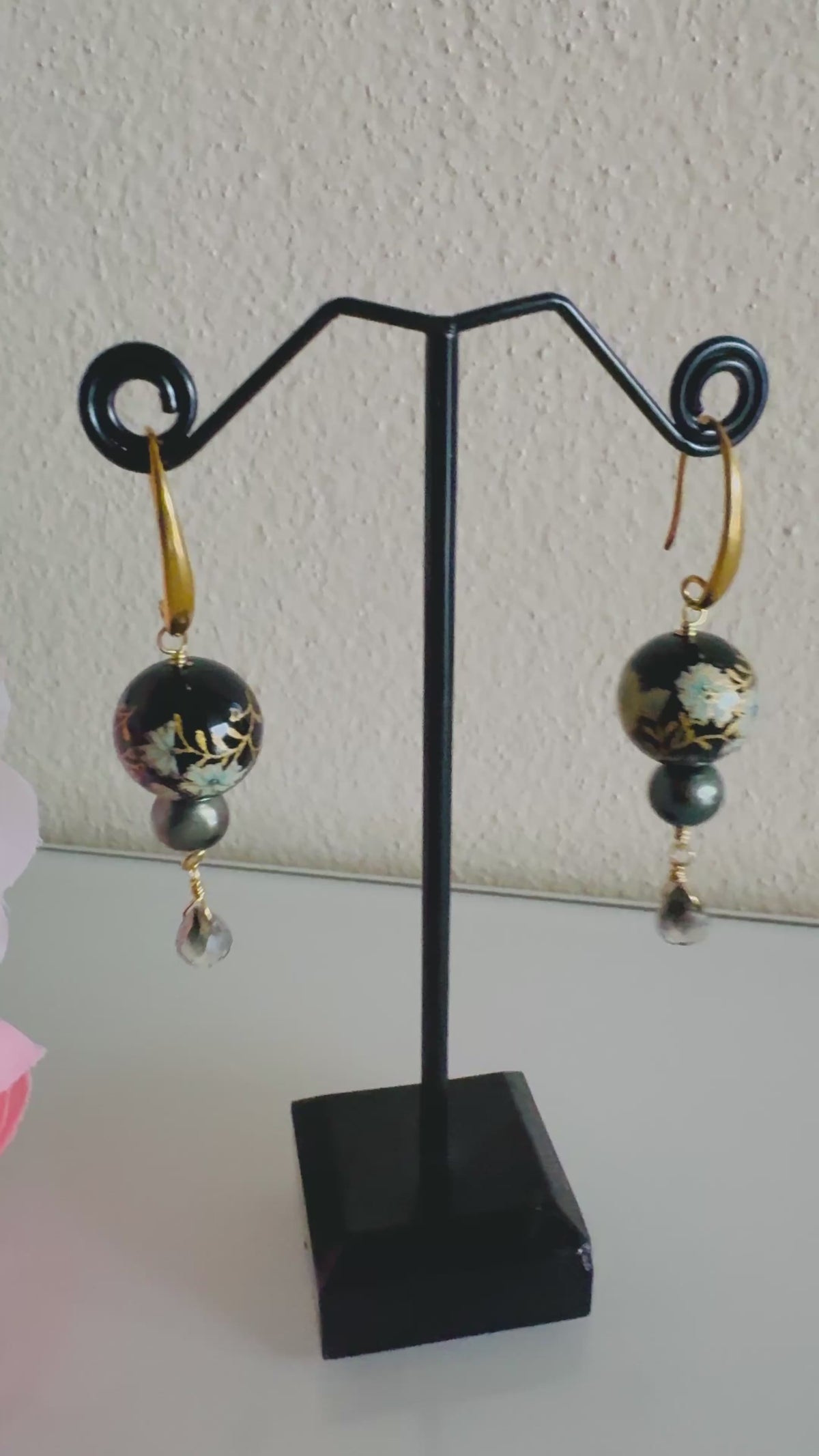 Japanese Tensha Bead Earrings, Surgical Stainless Steel Gold  Hooks, Black Pearl Dangle Earrings, Crystal Glass, Handmade Jewellery