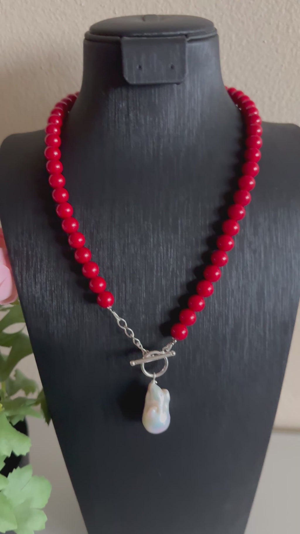 Sterling silver freshwater baroque pearl and red shell pearl necklace