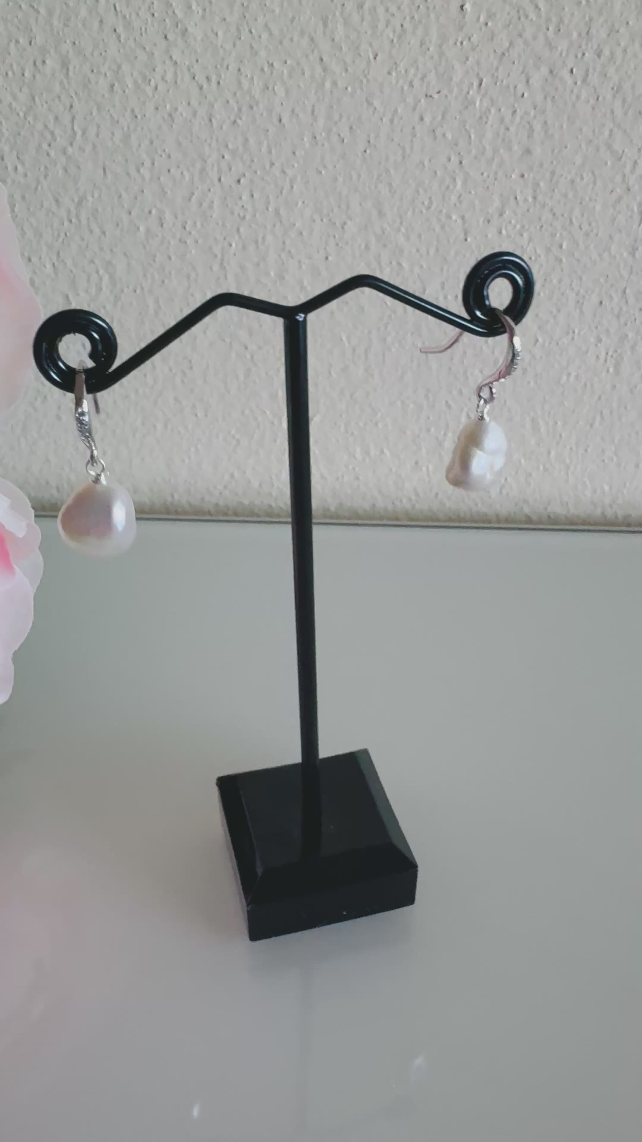 Sterling silver freshwater baroque pearl earrings with cubic zirconia melees