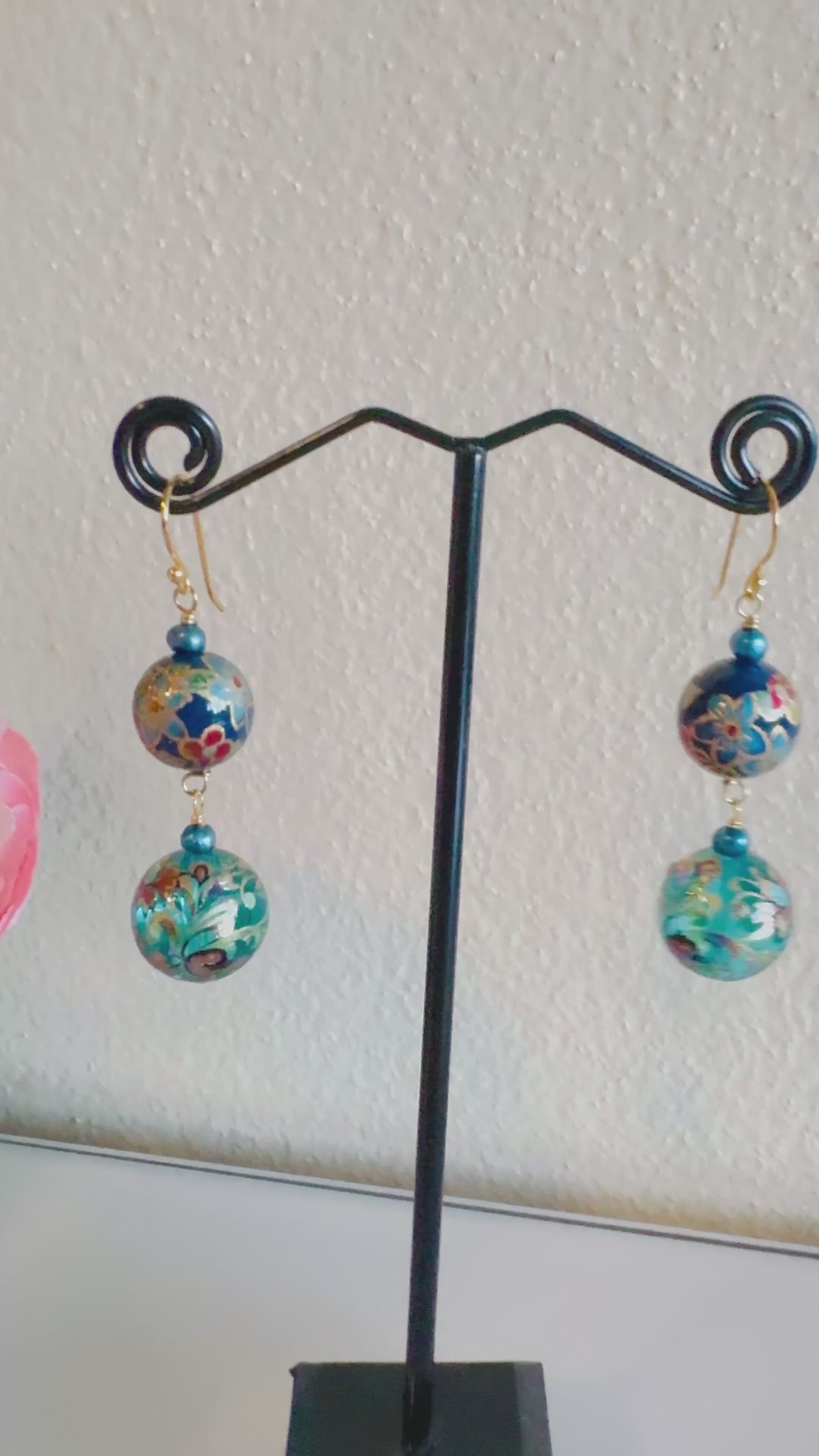 Japanese tensha beads and freshwater pearl earrings with sterling silver gold plated settings