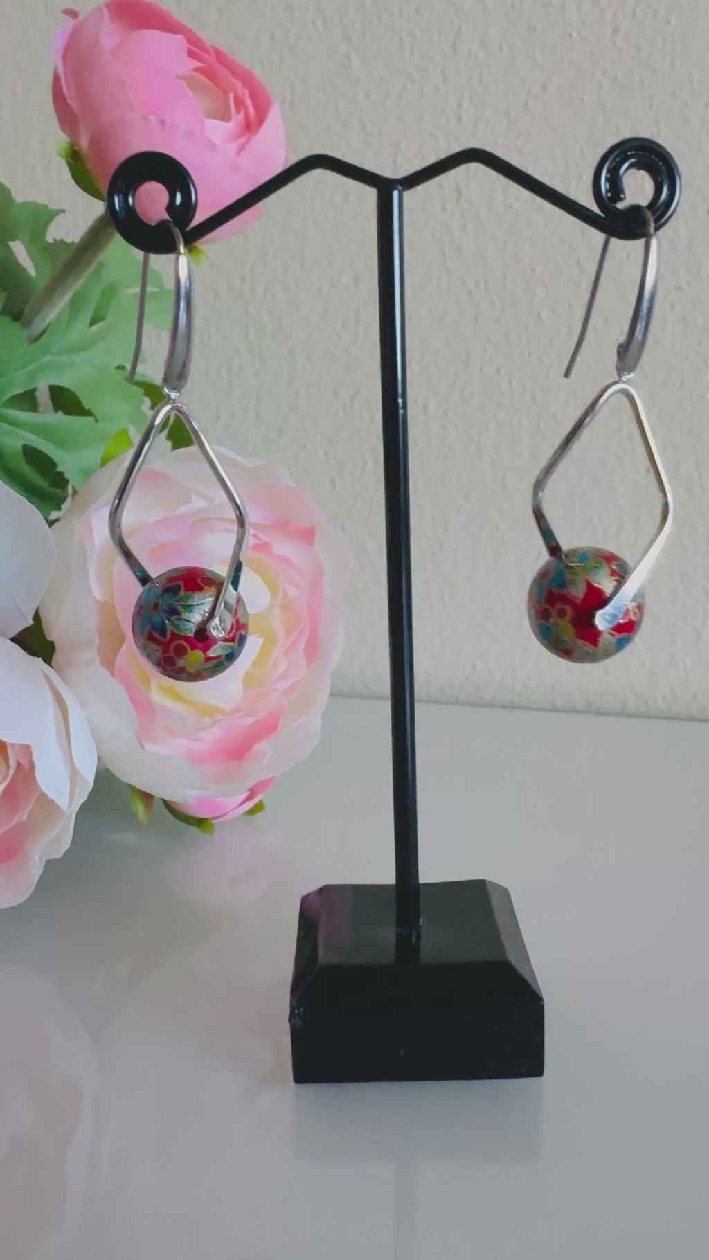 Japanese Tensha Beads Earrings - Red Floral | Stainless Steel Hooks