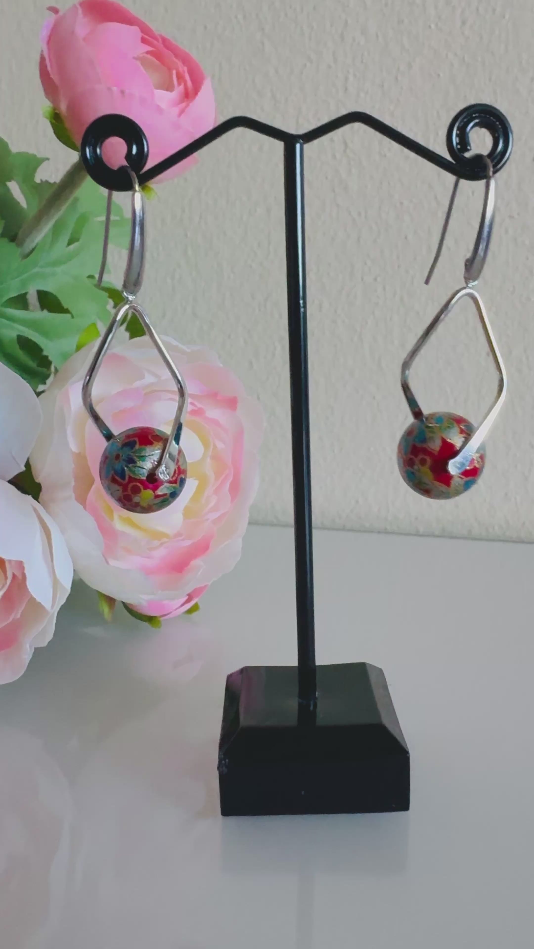 Japanese Tensha Beads Earrings - Red Floral | Stainless Steel Hooks