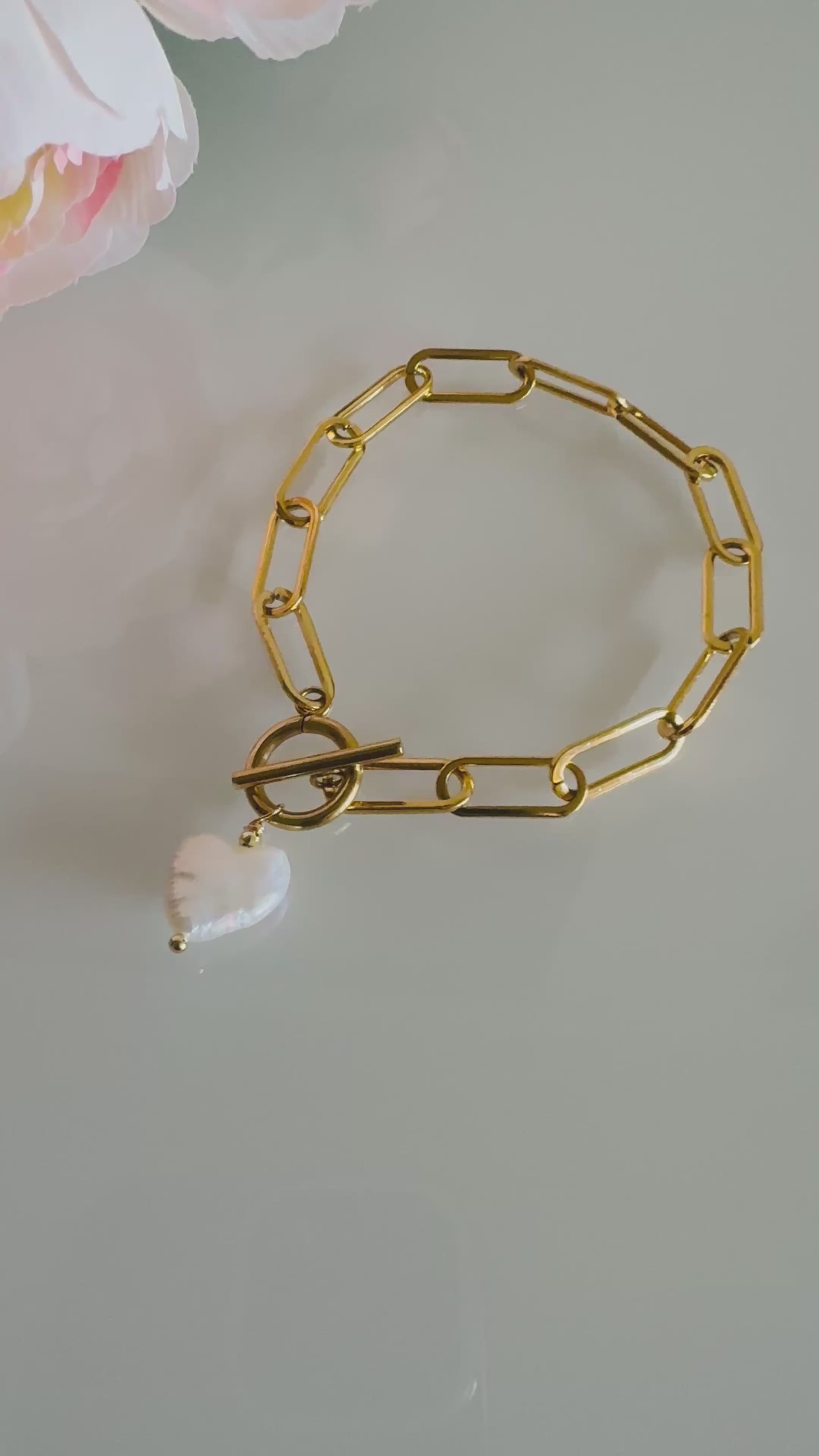 Heart Shaped Freshwater Pearl Bracelet With Stainless Gold Chains and Clasps