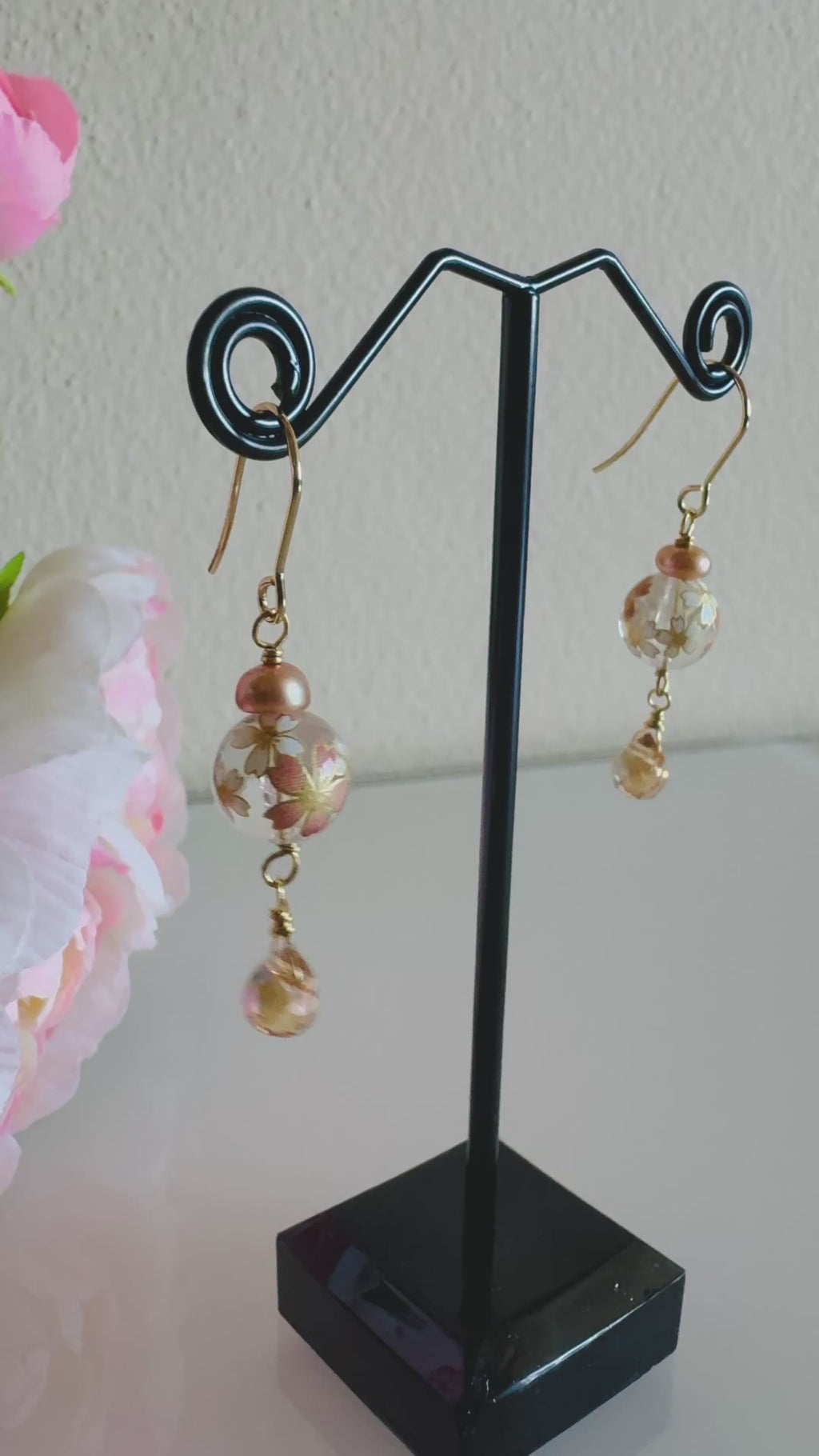 Japanese Tensha Beads and Crystal Earrings with Surgical Gold Stainless Settings