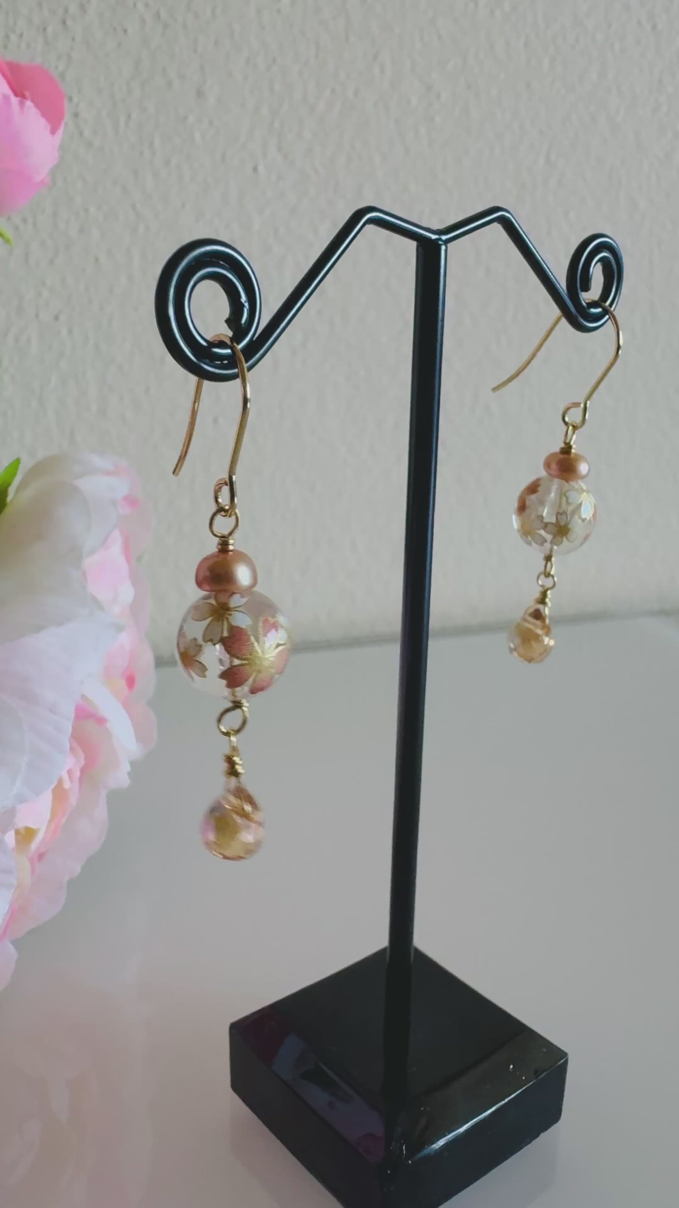 Japanese Tensha Beads and Crystal Earrings with Surgical Gold Stainless Settings