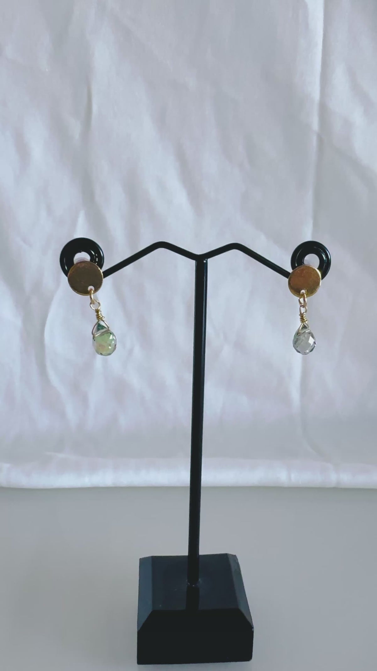Handmade Crystal Drop Earrings, Green-Purple Briolette, Surgical Stainless Gold Studs (1.5g)