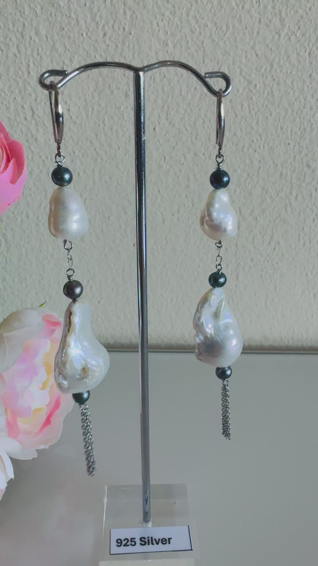 Large Freshwater Pearl Earrings with Sterling Silver Hooks and Surgical Stainless Settings and Chains