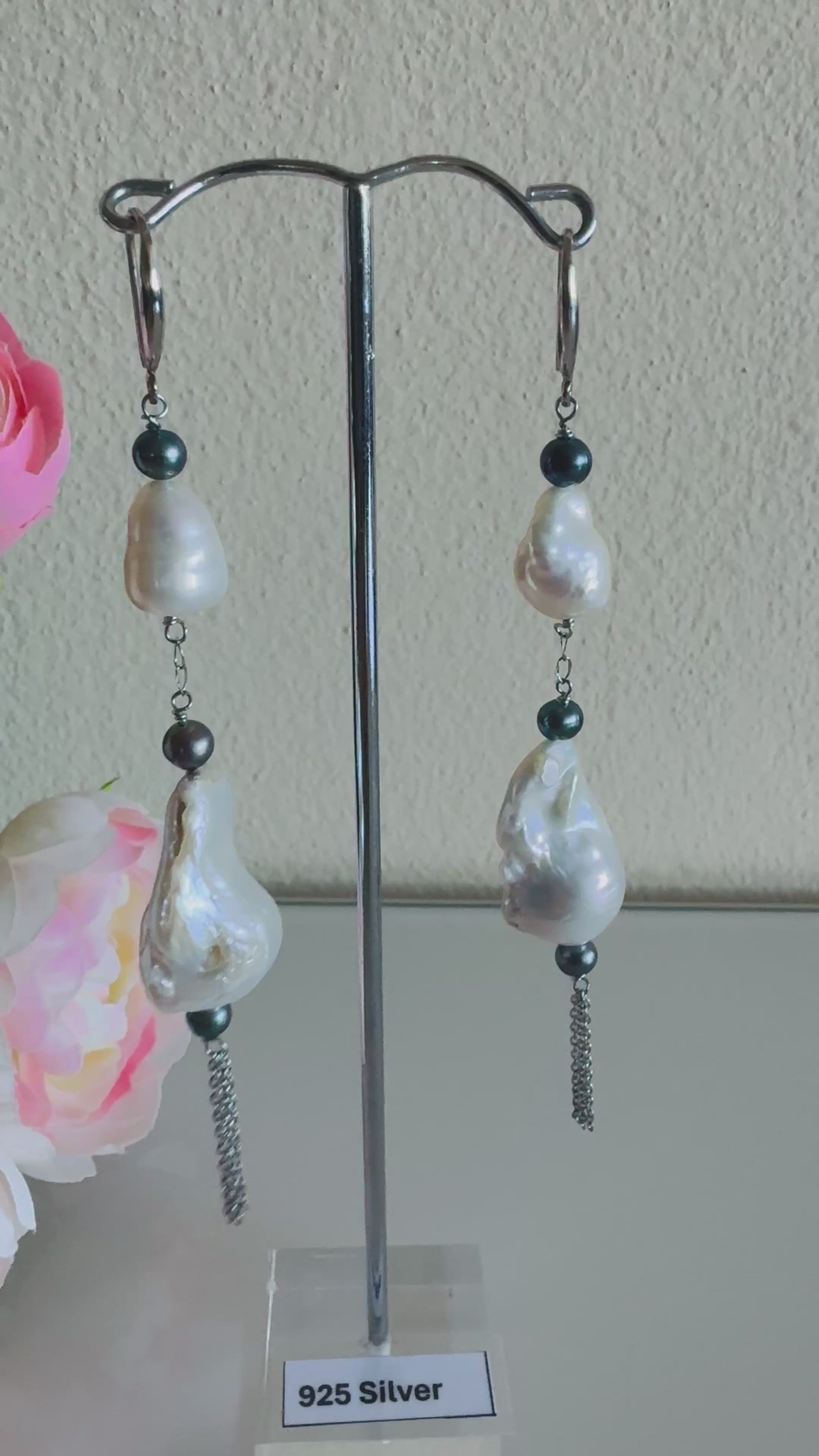 Large Freshwater Pearl Earrings with Sterling Silver Hooks and Surgical Stainless Settings and Chains
