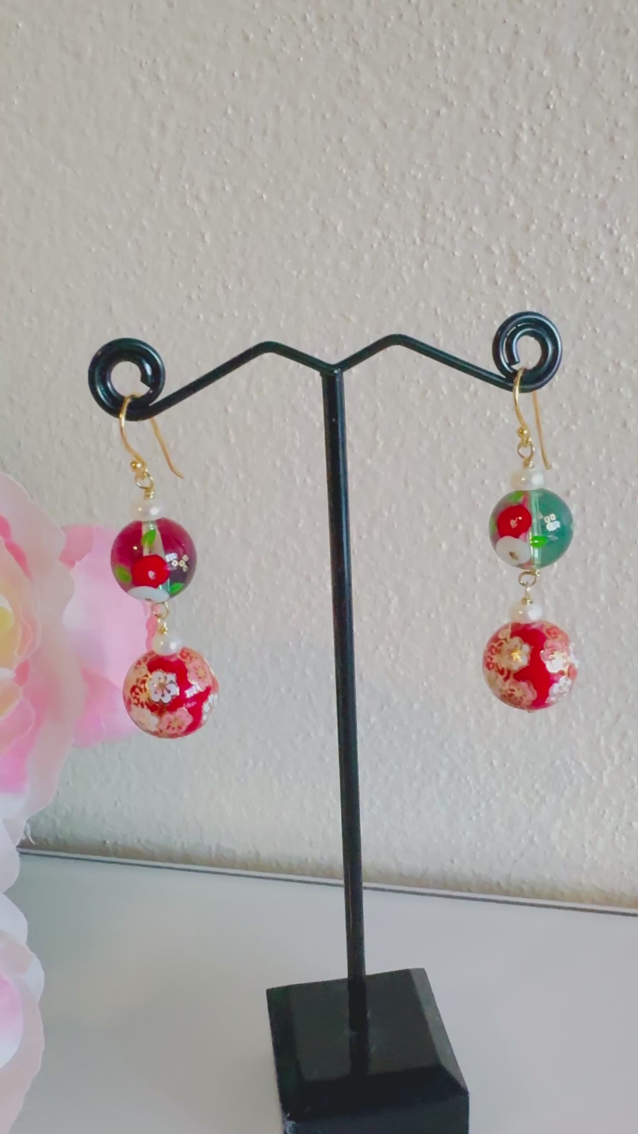 Japanese tensha beads and freshwater pearl earrings with sterling silver gold hooks