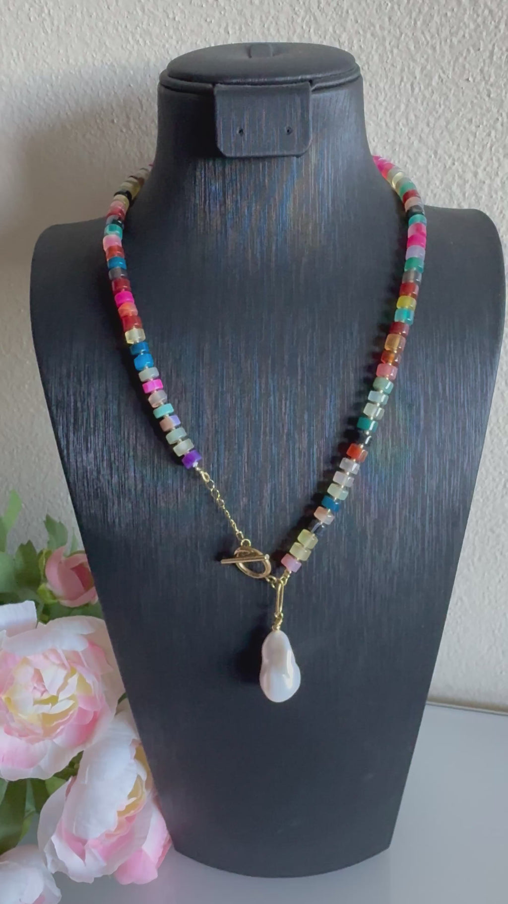 Multiple colours agate and natural freshwater baroque pearl necklace with stainless gold clasps(Tarnish free & waterproof)