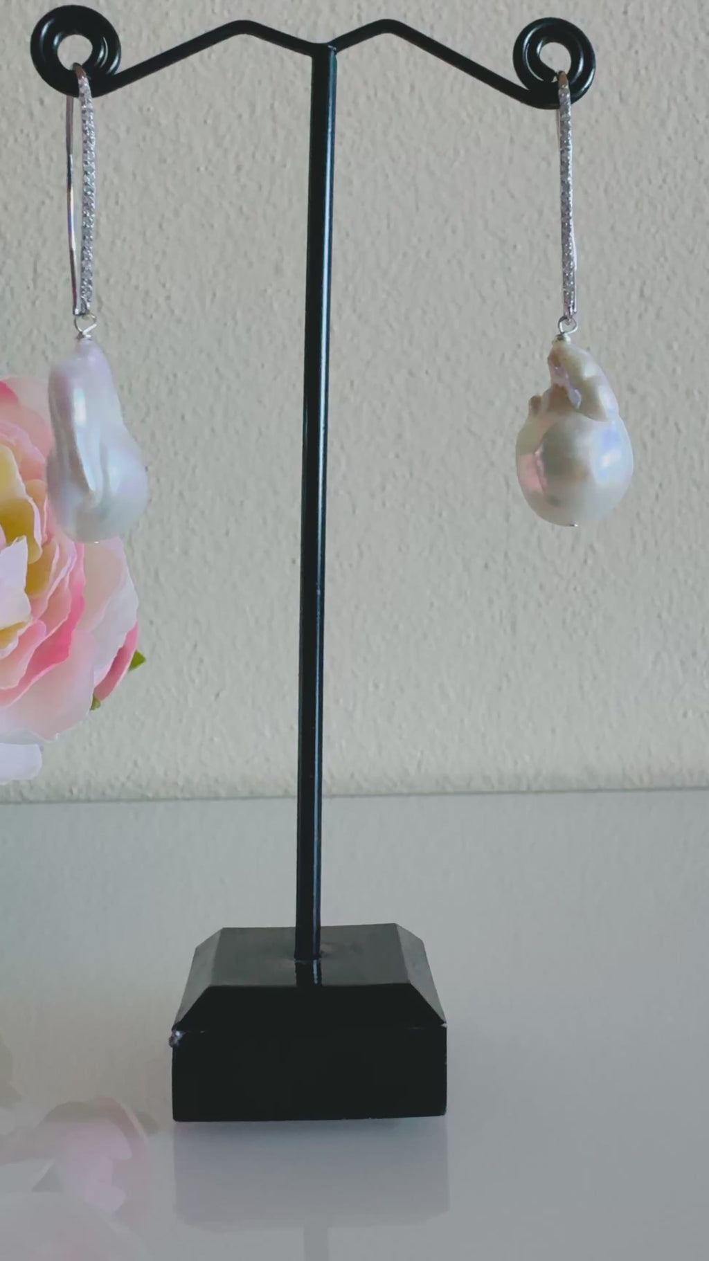 Sterling silver freshwater baroque pearl earrings with cubic zirconia melee stones