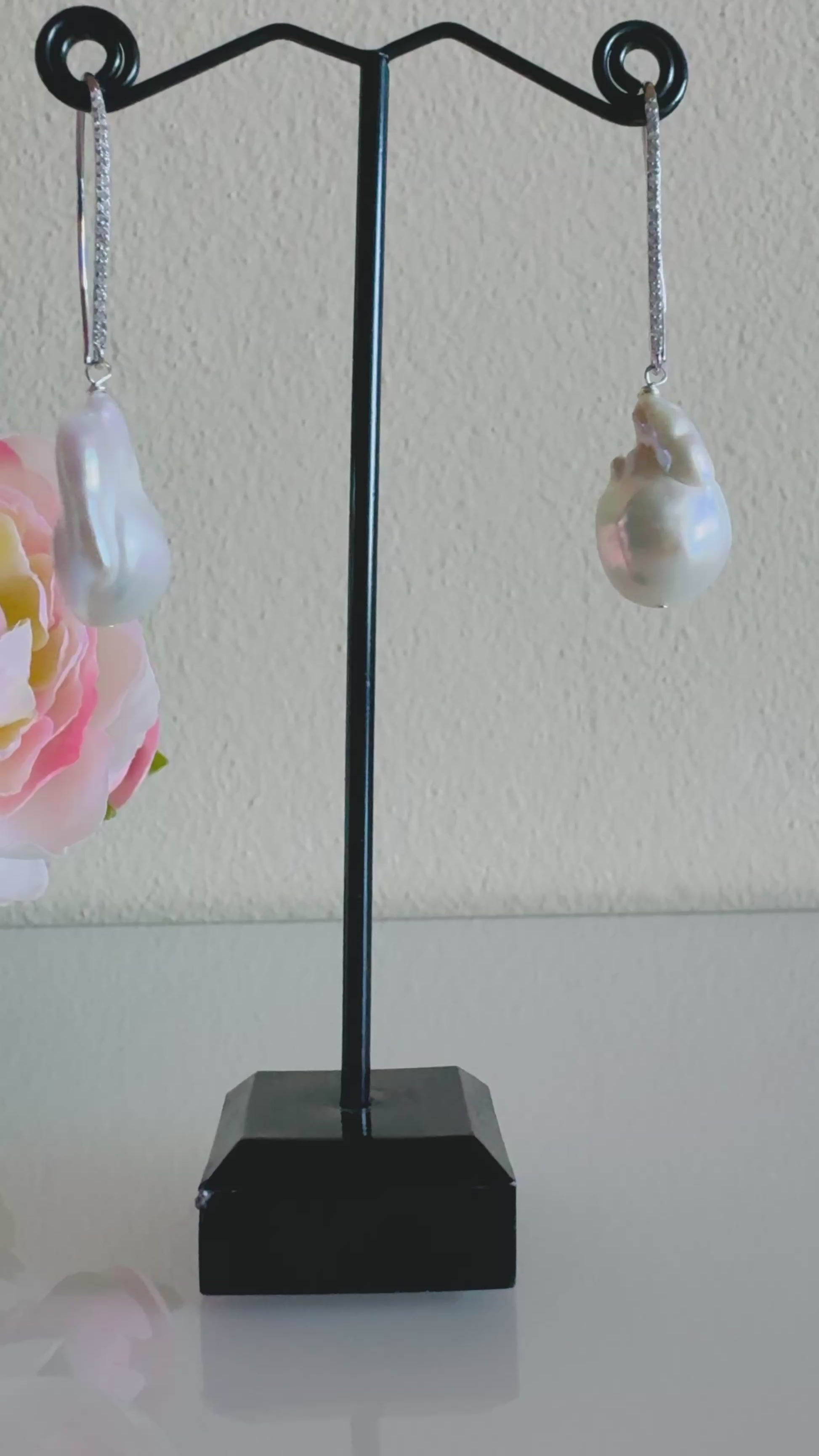 Sterling silver freshwater baroque pearl earrings with cubic zirconia melee stones