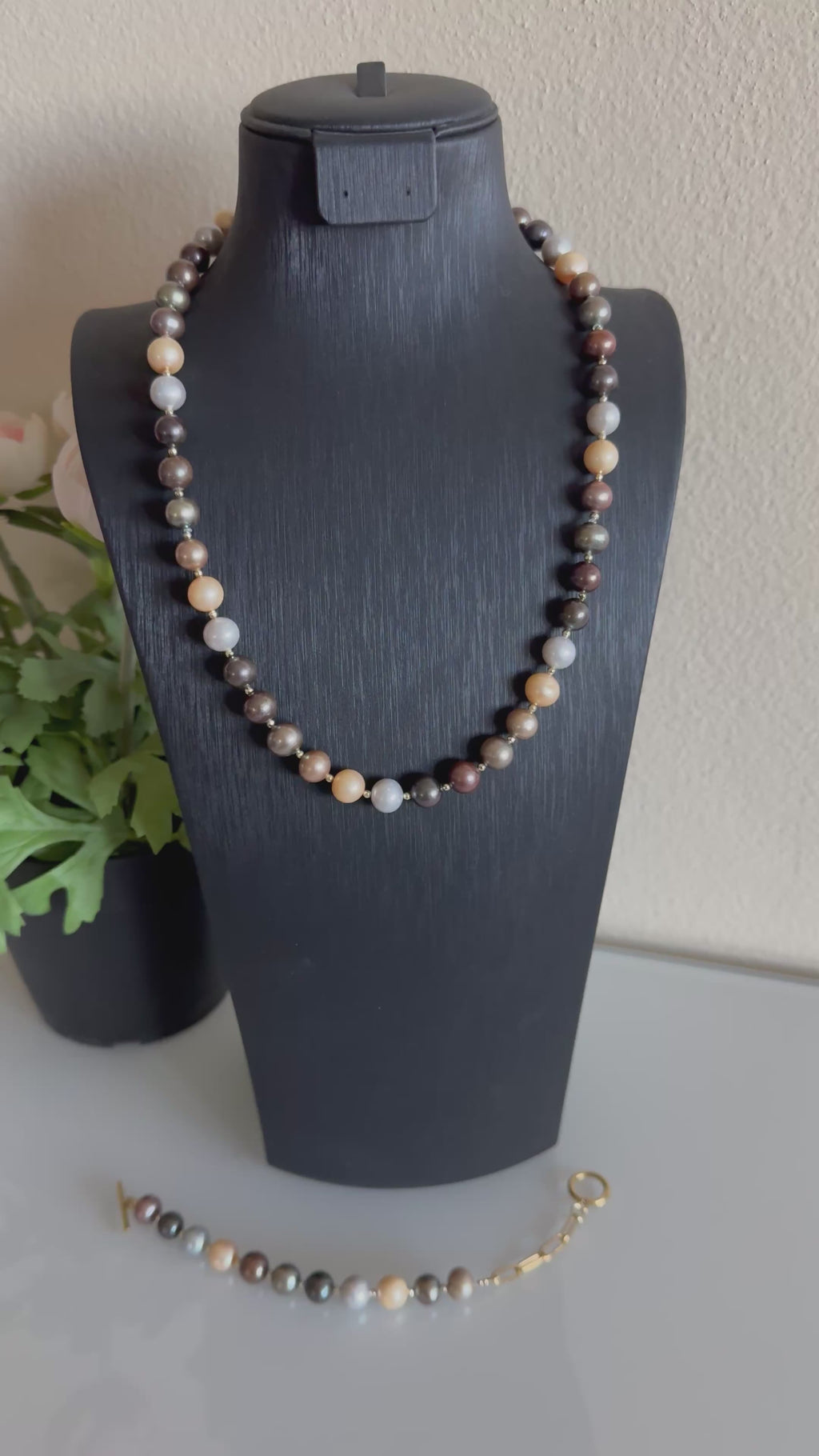 Multi colour freshwater pearl and golden hematite beads necklace with stainless gold clasps
