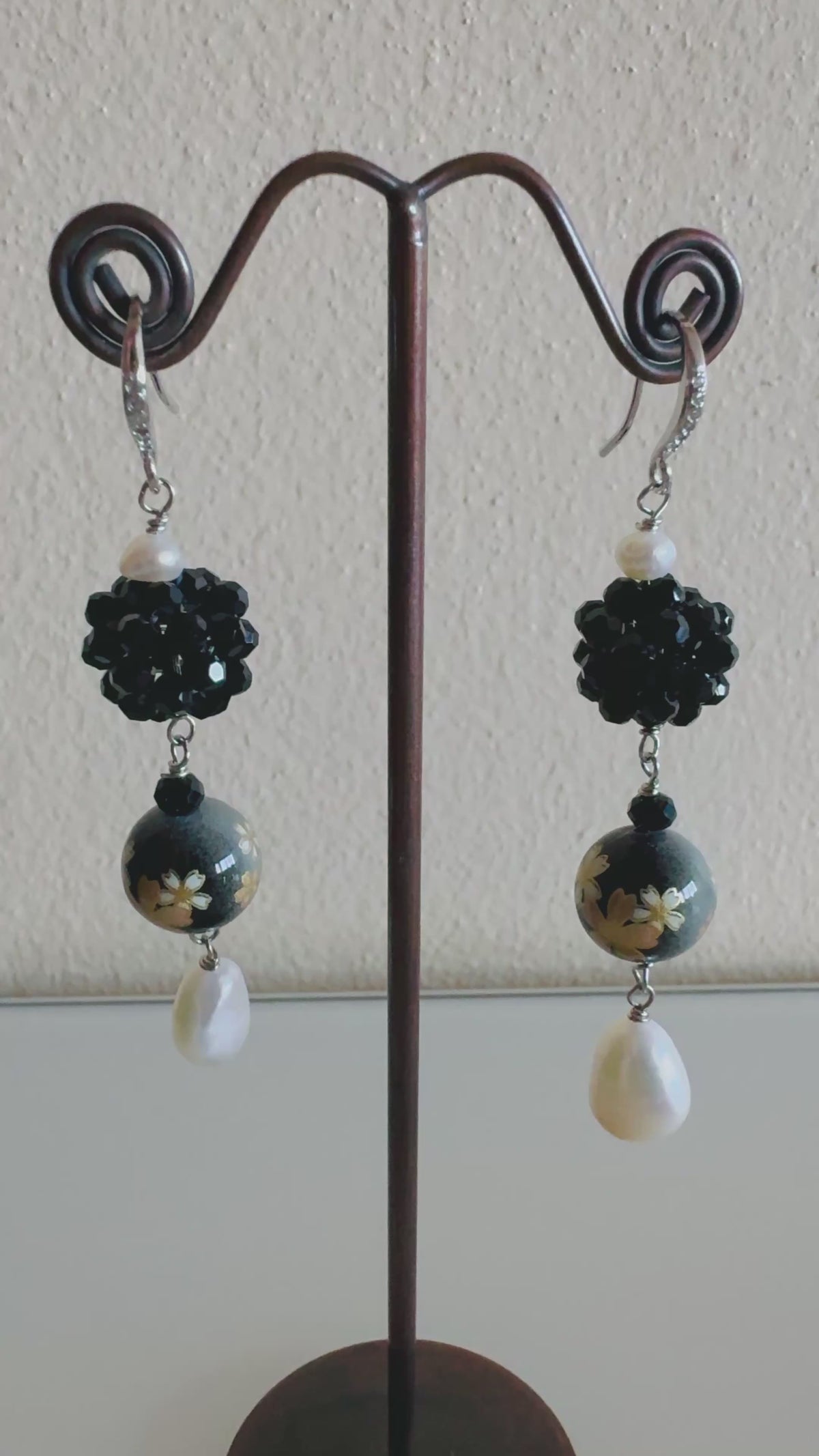 Japanese Tensha Bead Earrings, Sterling Silver Freshwater Pearl Dangle Earrings, Crystal Beads Ball, Handmade Floral Drop Jewellery